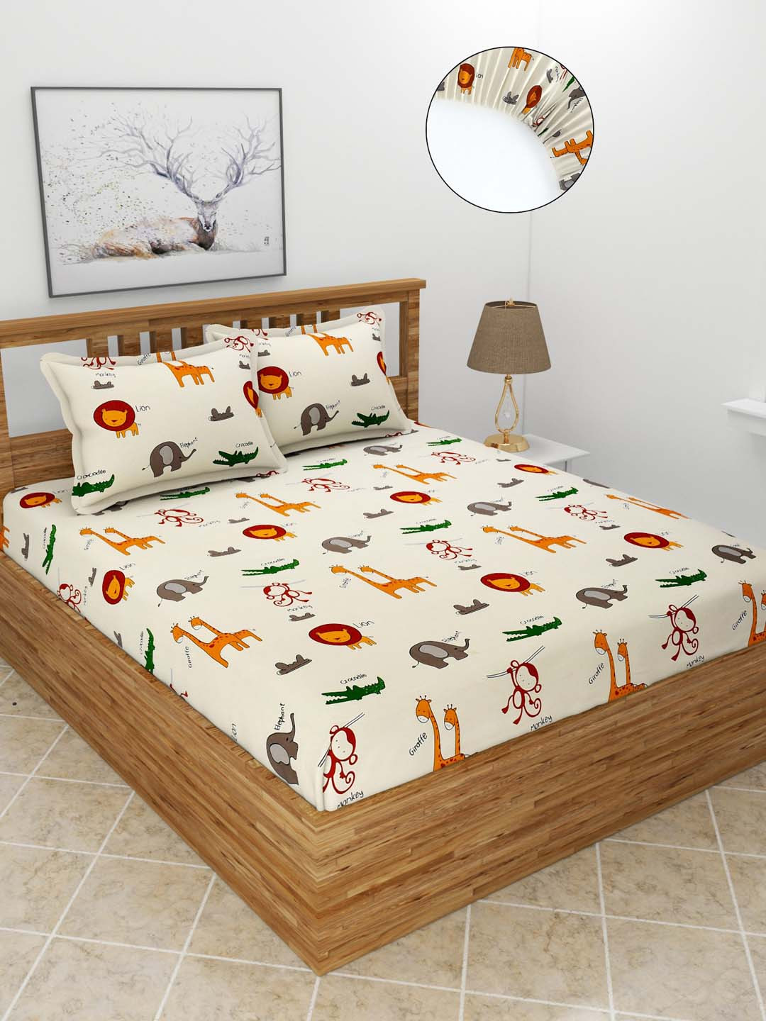 MORADO Cream Conversational Polycotton 210 TC Fitted Queen Fine Bedsheet with 2 Pillow Covers-78 x 60 inches