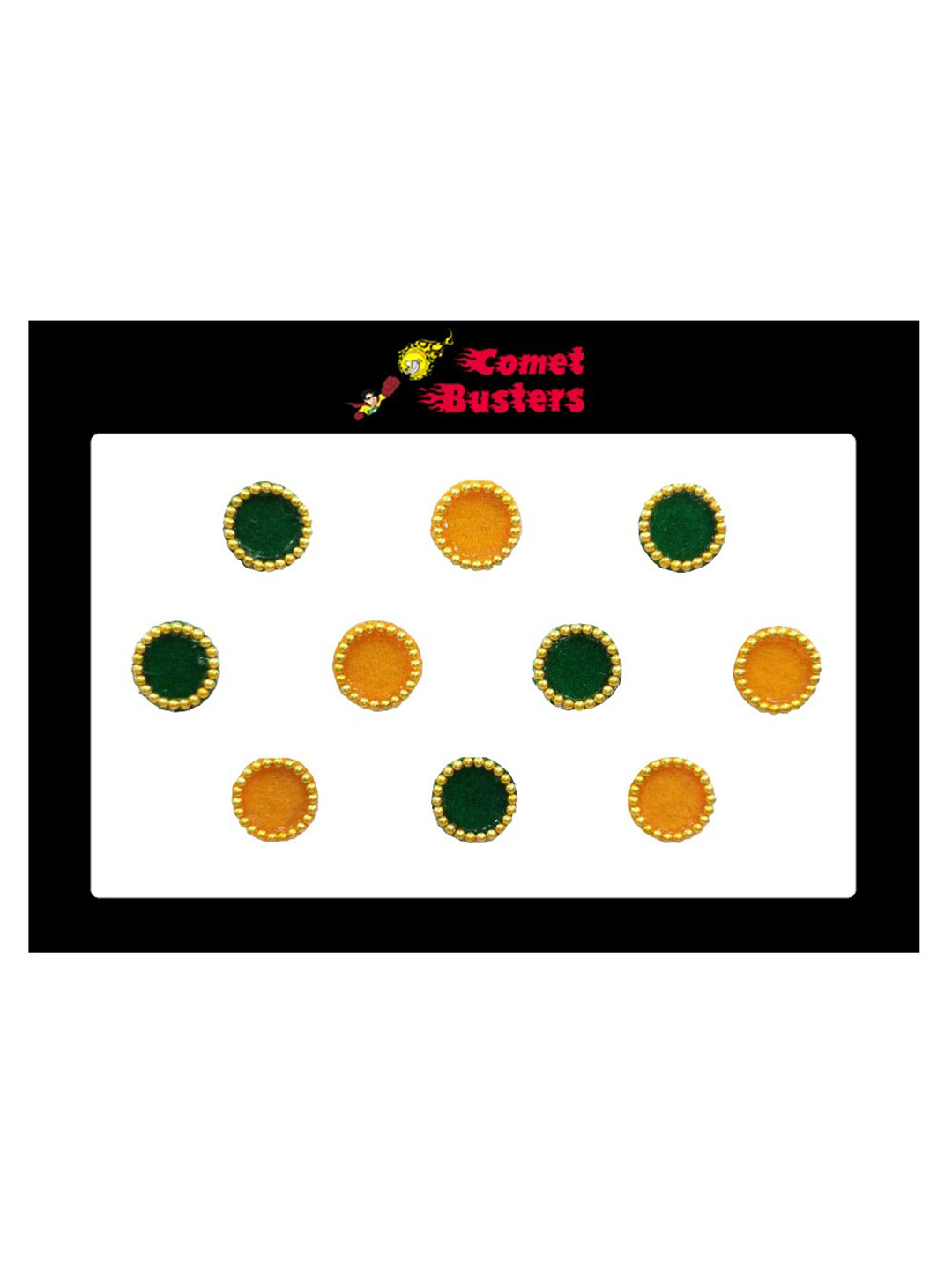 Comet Busters Set Of 10 Designer Circular Bindi - Green & Yellow