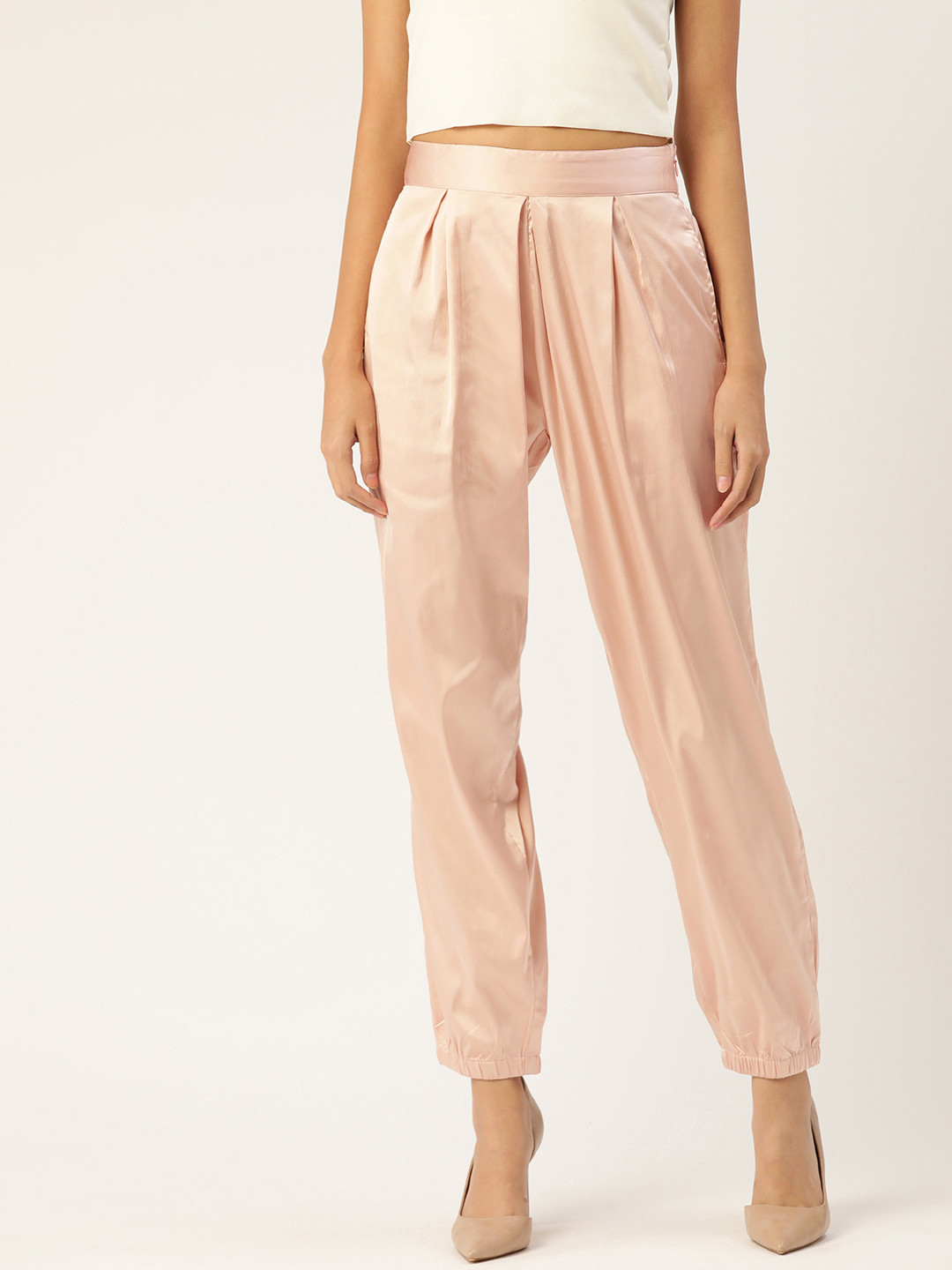 FOREVER 21 Women Dusty Pink Solid Satin Finish Pleated Joggers Trousers