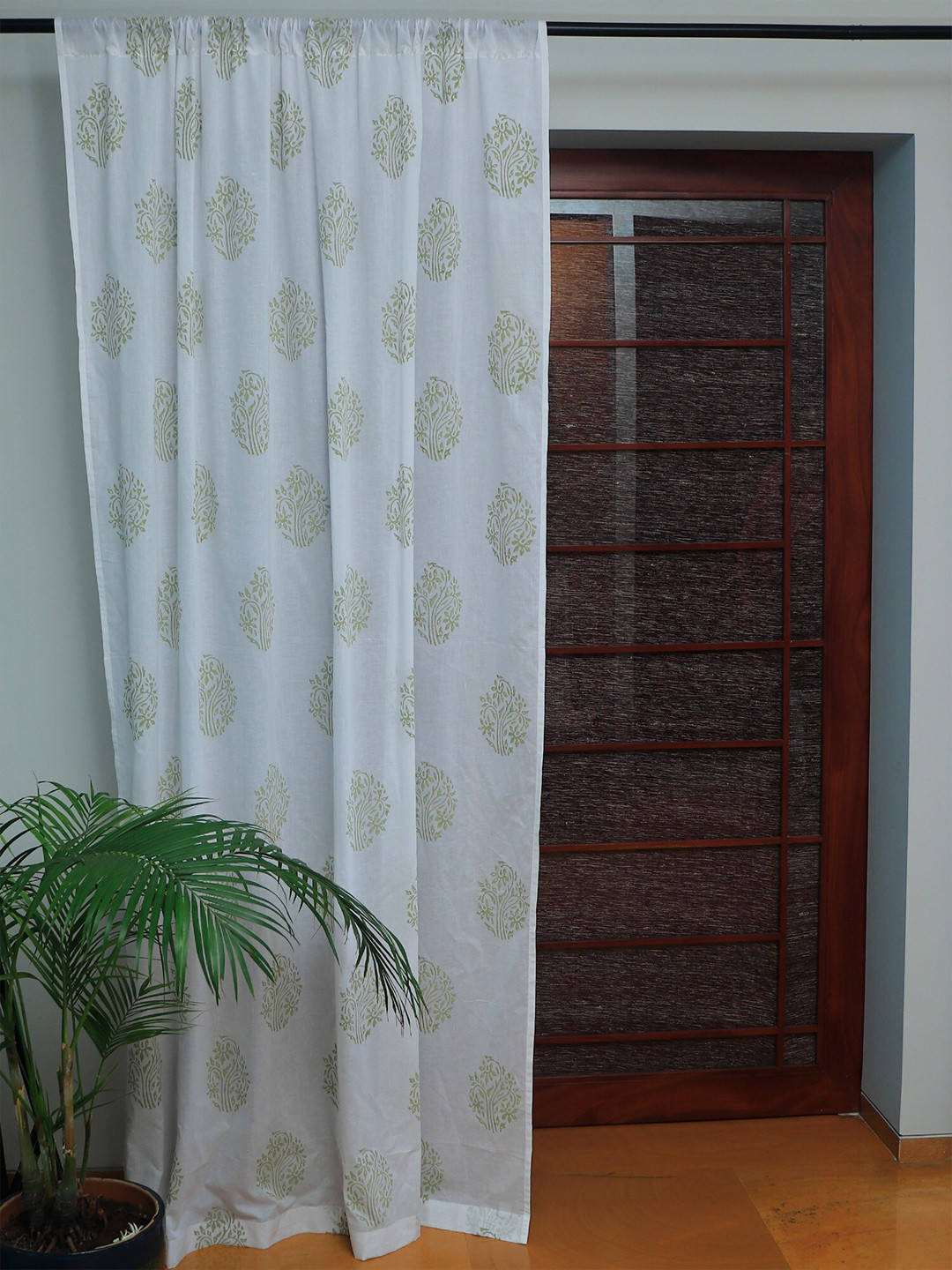 ZEBA Off White & Green Floral Sheer Floral Block Printed Door Curtain