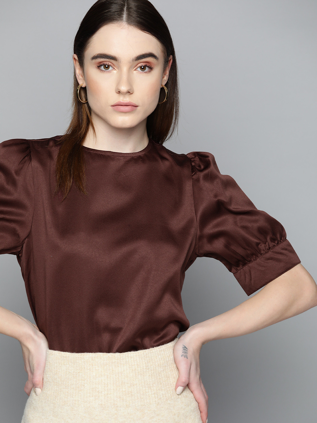 Chemistry Solid Puff Sleeves Satin Finish Top