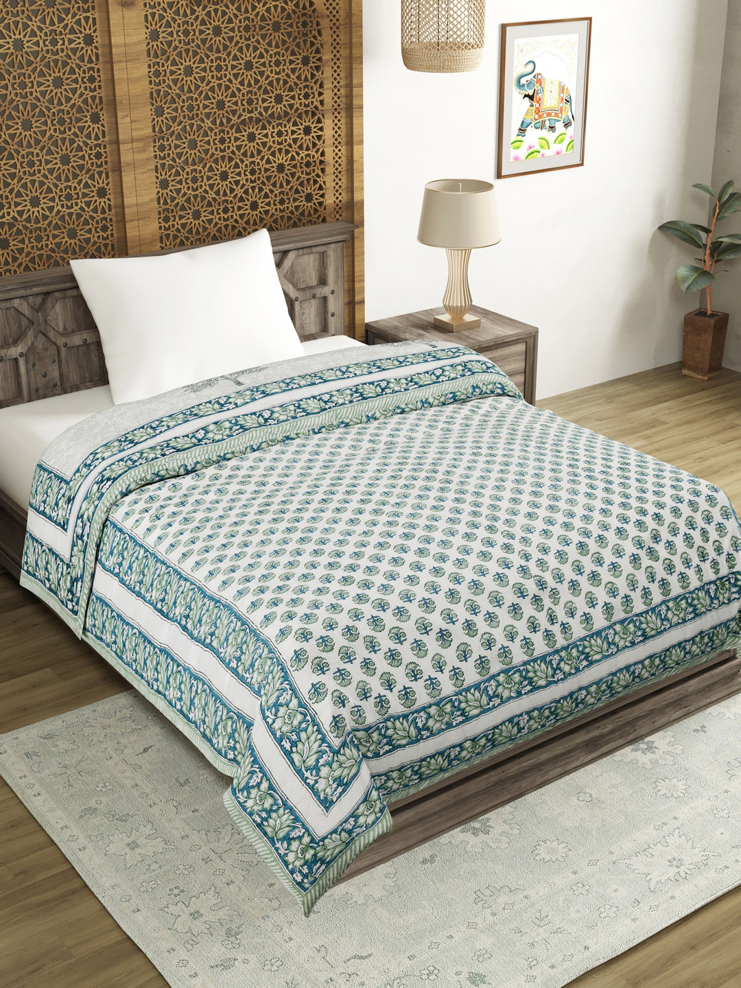 BLOCKS OF INDIA Unisex Green Blankets Quilts and Dohars