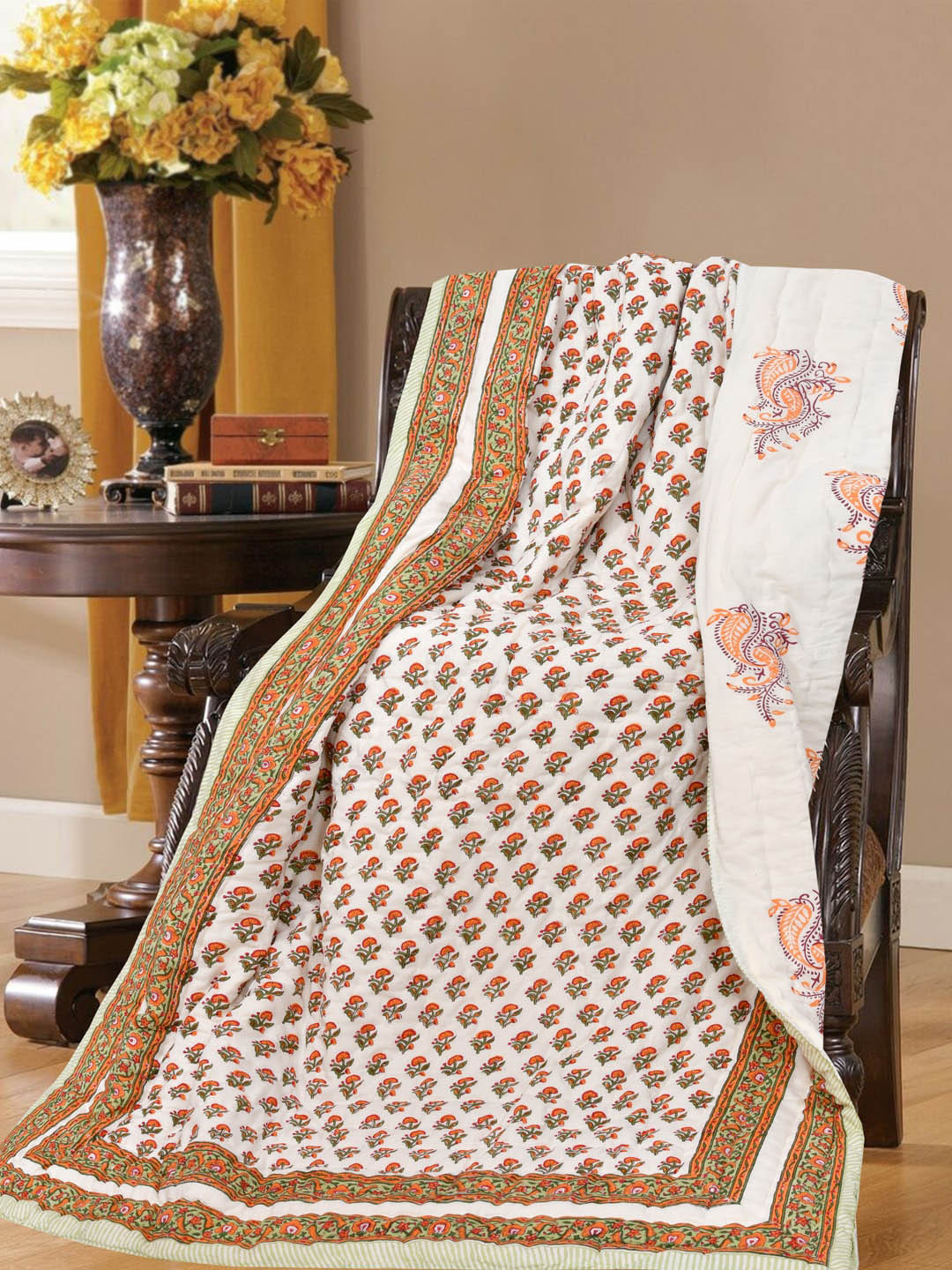 BLOCKS OF INDIA Orange & White Ethnic Motifs Mild Winter 350 GSM Single Bed Quilt