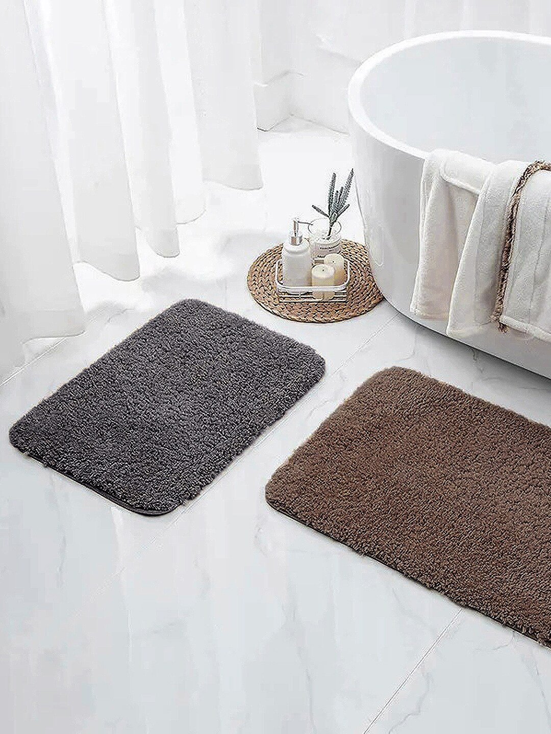 Nautica Set Of 2 Grey & Brown Solid Anti-Slip 2800 GSM Bath Mats Pack of 2