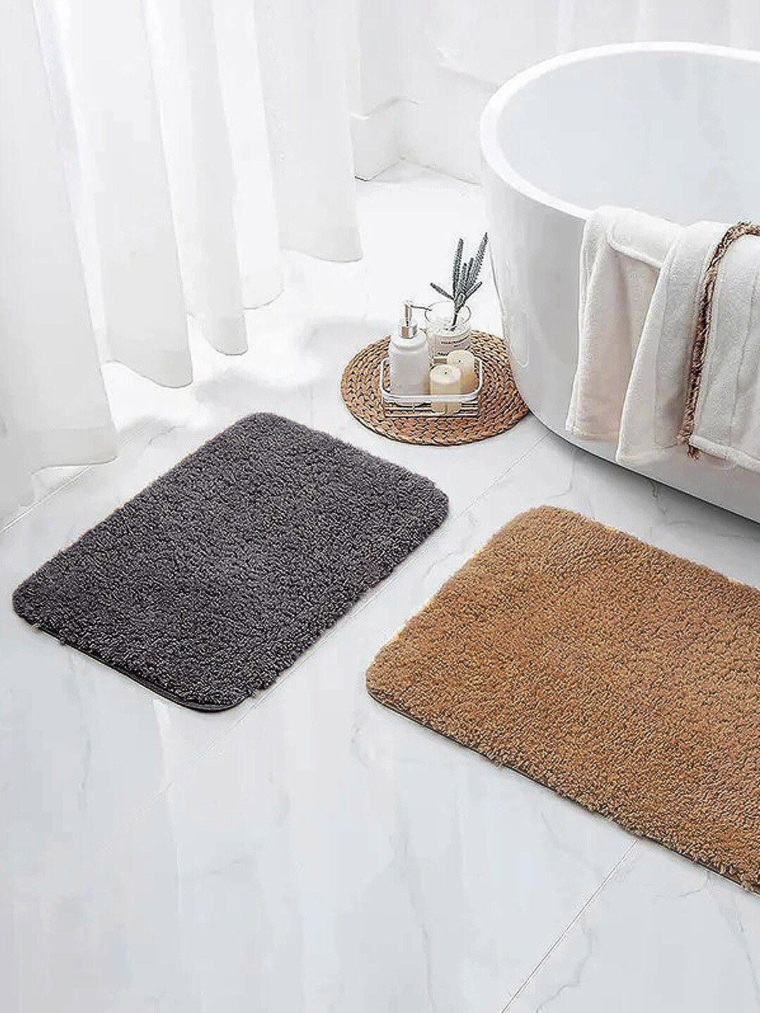 Nautica Pack of 2 Grey & Brown Solid 2800 GSM Ultra Soft Fluffy Anti Slip Bath Rugs
