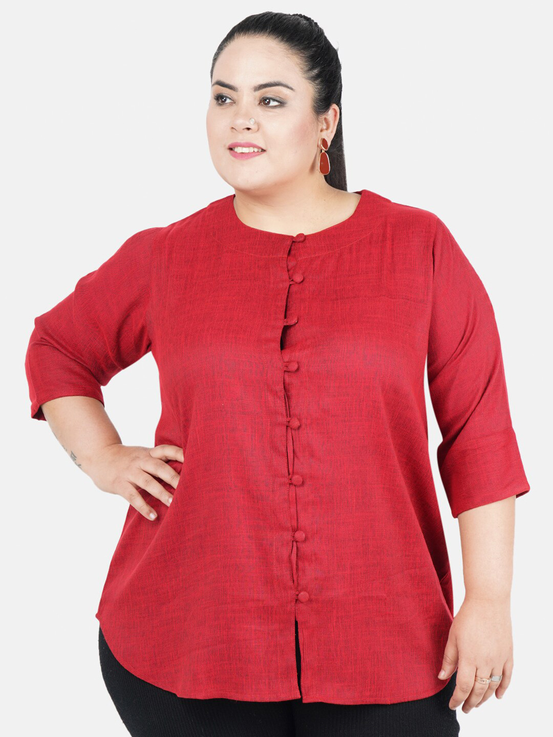 Indietoga Plus Size Solid Cotton Linen Longline Tunic Top