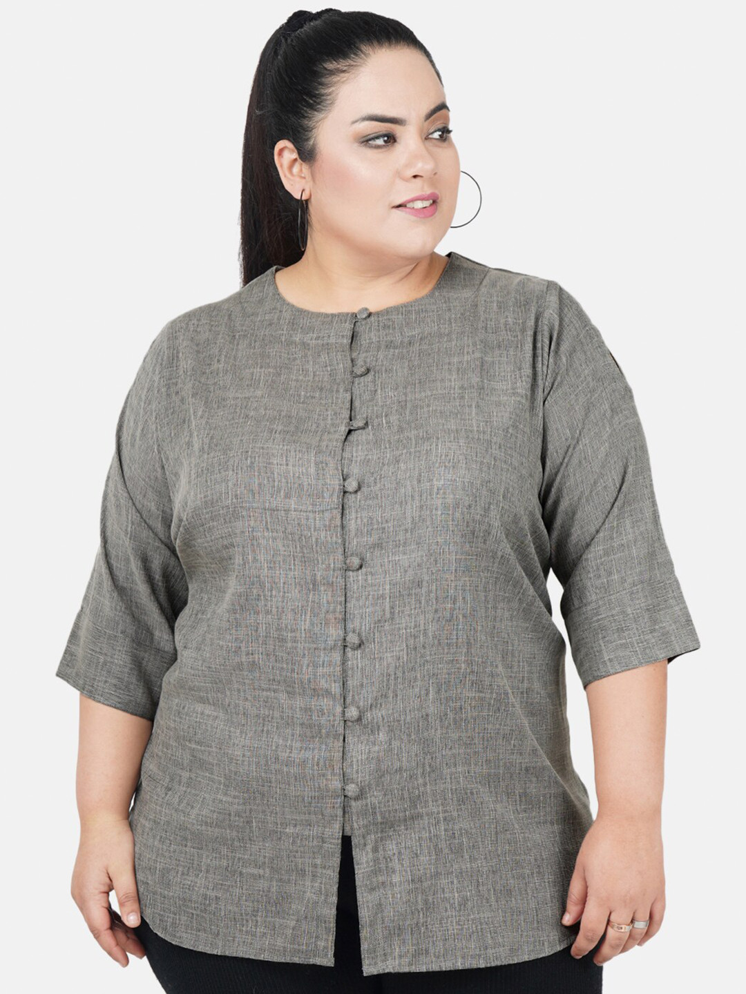 Indietoga Plus Size Women's Grey Solid Linen Tunic Top