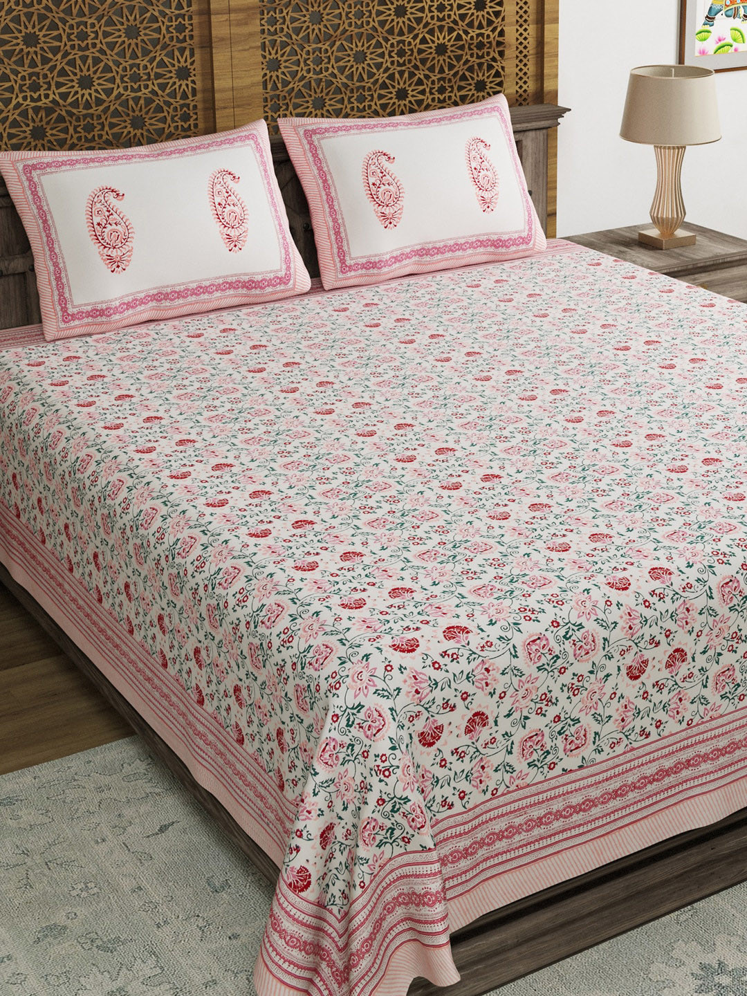 BLOCKS OF INDIA Pink Floral Cotton 210 TC King Fine Bedsheet with 2 Pillow Covers-108 x 90 inches