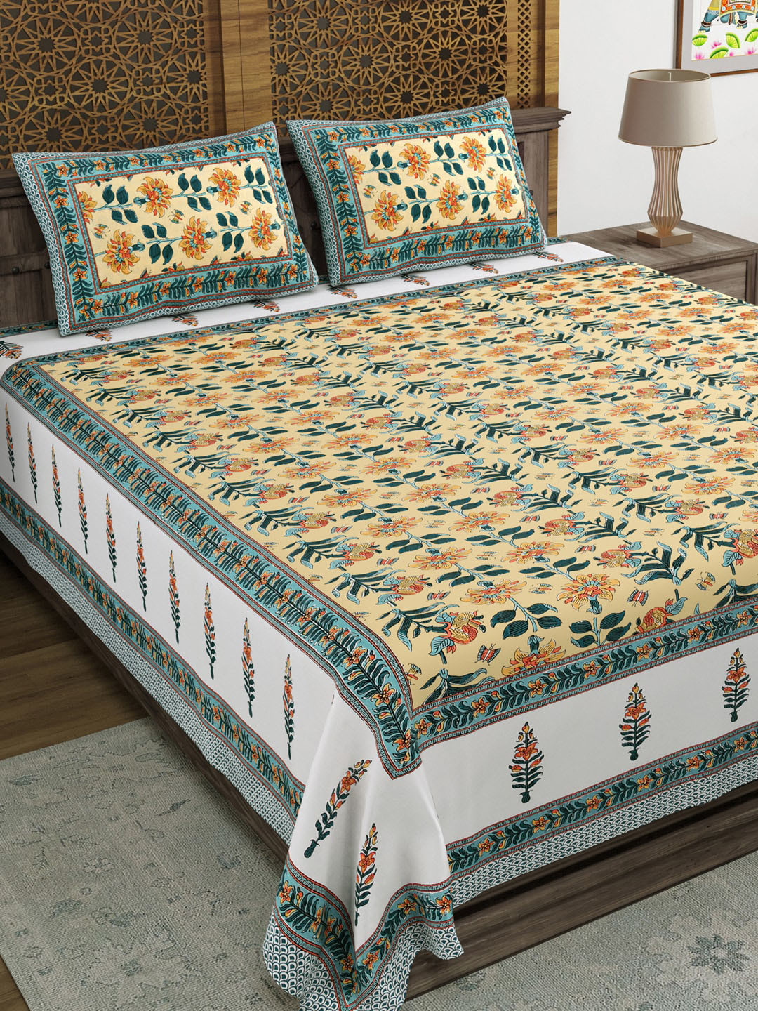BLOCKS OF INDIA Green Floral Cotton 210 TC King Fine Bedsheet with 2 Pillow Covers-90 x 108 inches