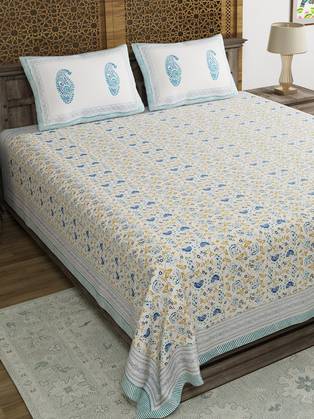 BLOCKS OF INDIA Blue Floral Cotton 210 TC King Fine Bedsheet with 2 Pillow Covers-228 x 274 cm