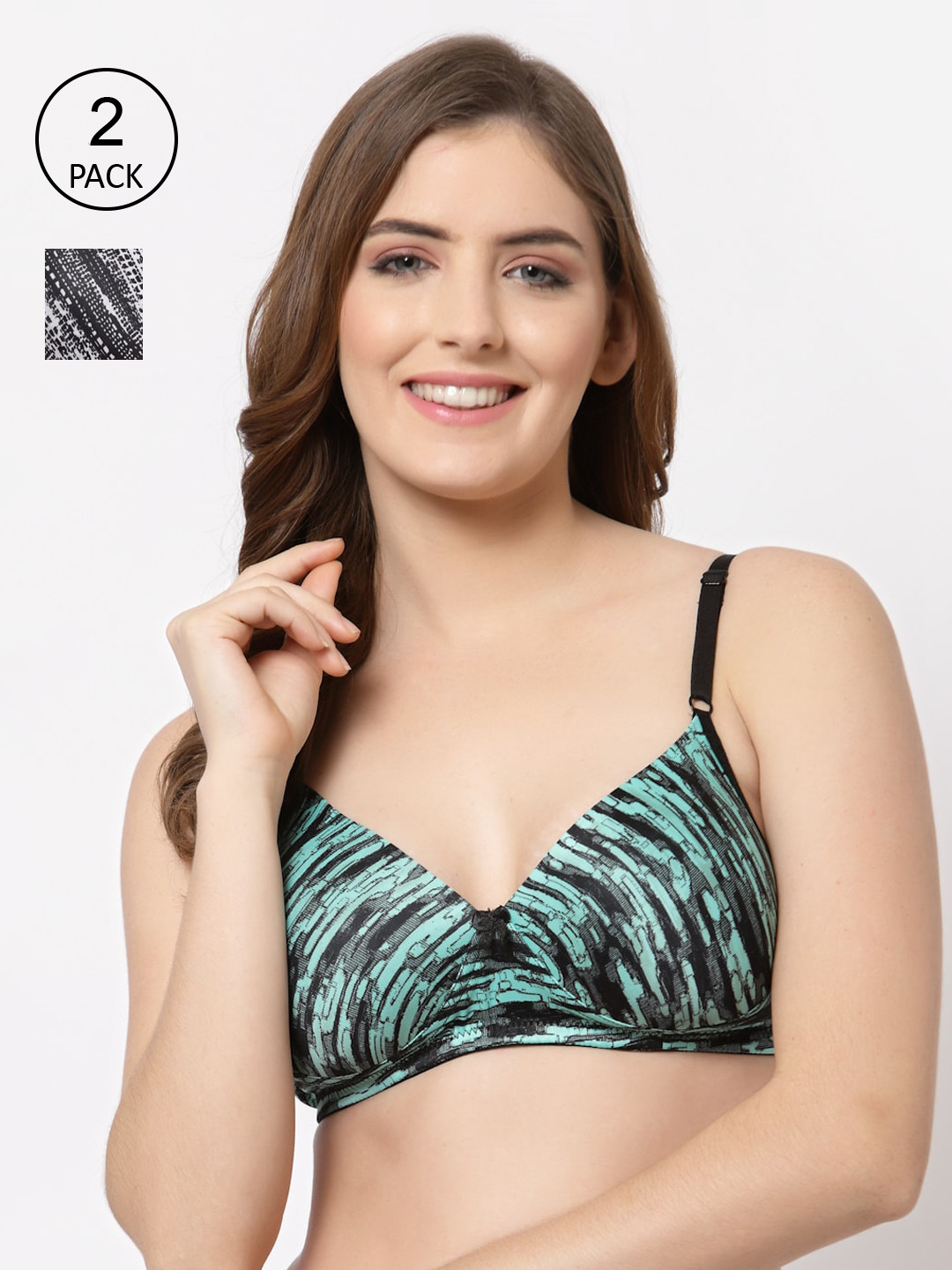 CUKOO Sea Green & Black Abstract Bra Lightly Padded
