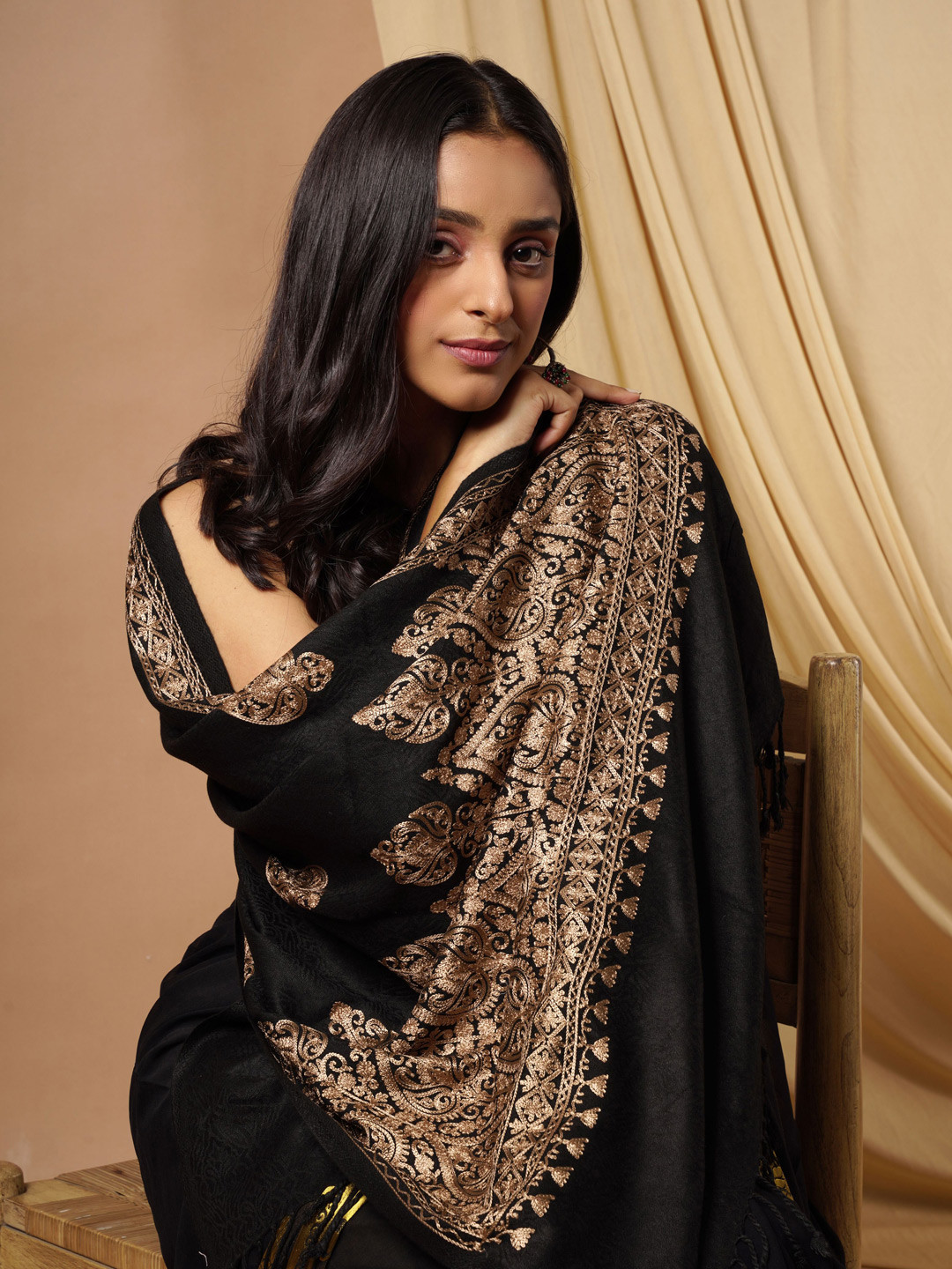 Pashmoda Women Black & Gold Embroidered Viscose Rayon Shawl