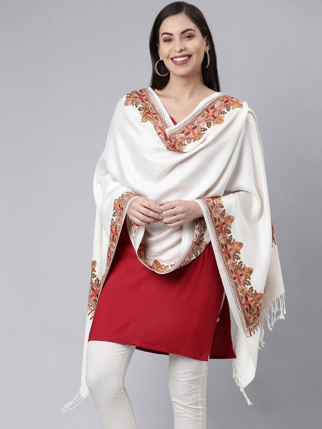 Pashmoda Women White Aari Embroidered Kashmiri Shawl