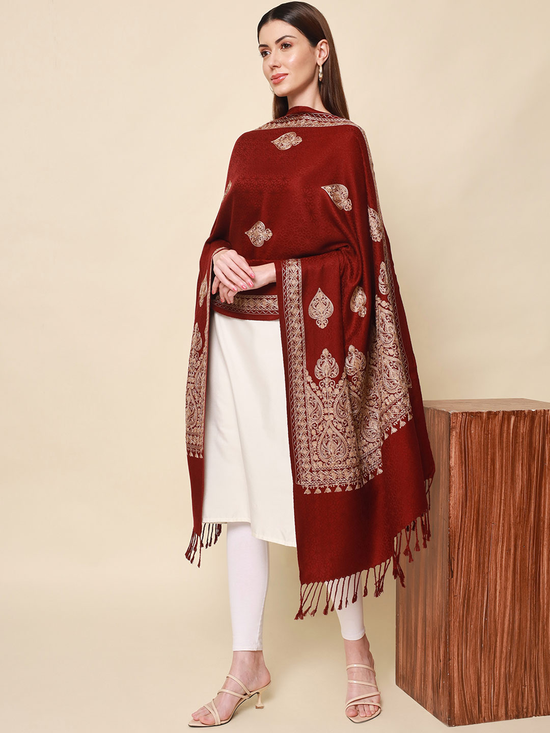 Pashmoda Women Wine Aari Embroidered Shawl