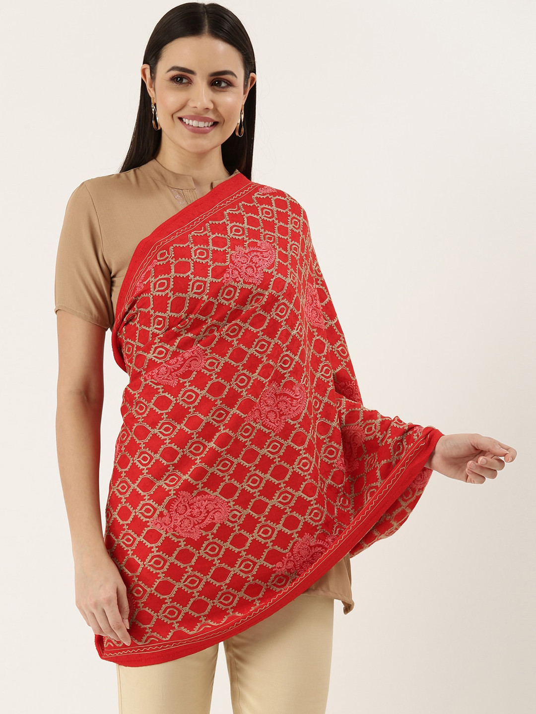 Pashmoda Women Red Aari Embroidered Shawl