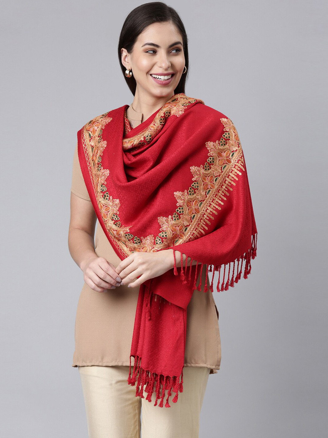 Pashmoda Women Maroon Aari Embroidered Shawl