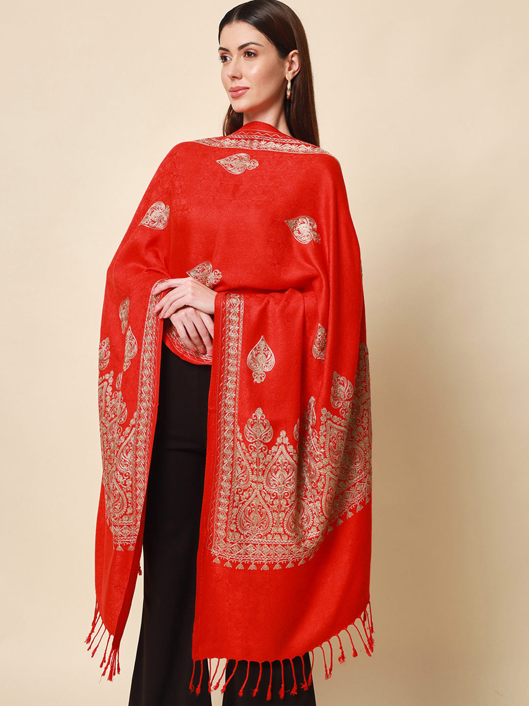 Pashmoda Women Maroon Aari Embroidered Kashmiri Shawl