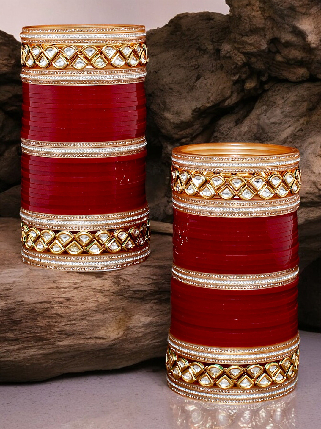 LUCKY JEWELLERY Maroon & White Kundan Studded Punjabi Chura Bridal Wedding Bangle Set