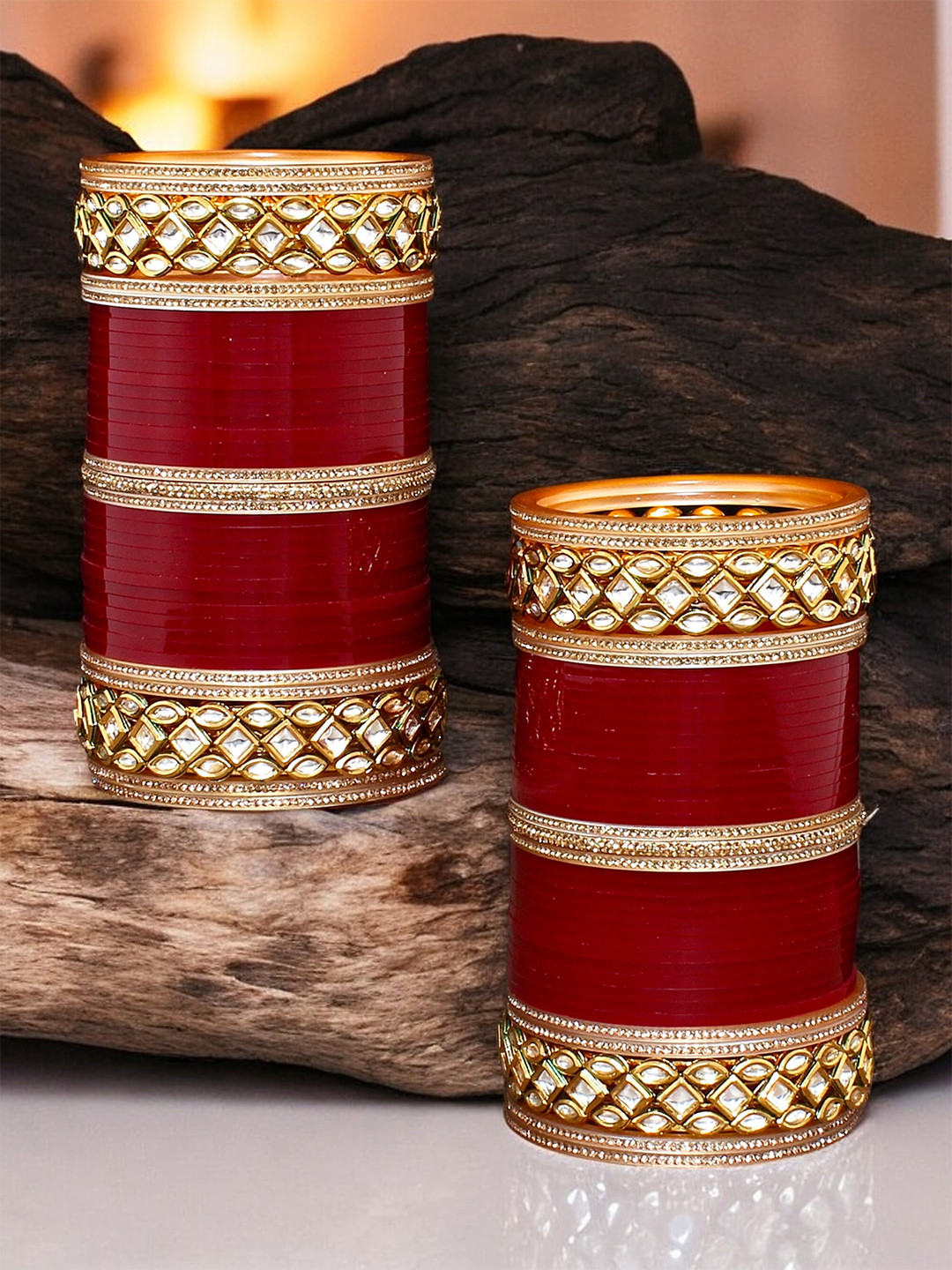 LUCKY JEWELLERY Gold-Toned & Maroon  Kundan Studded Chura Set Of 2 Bangle Set