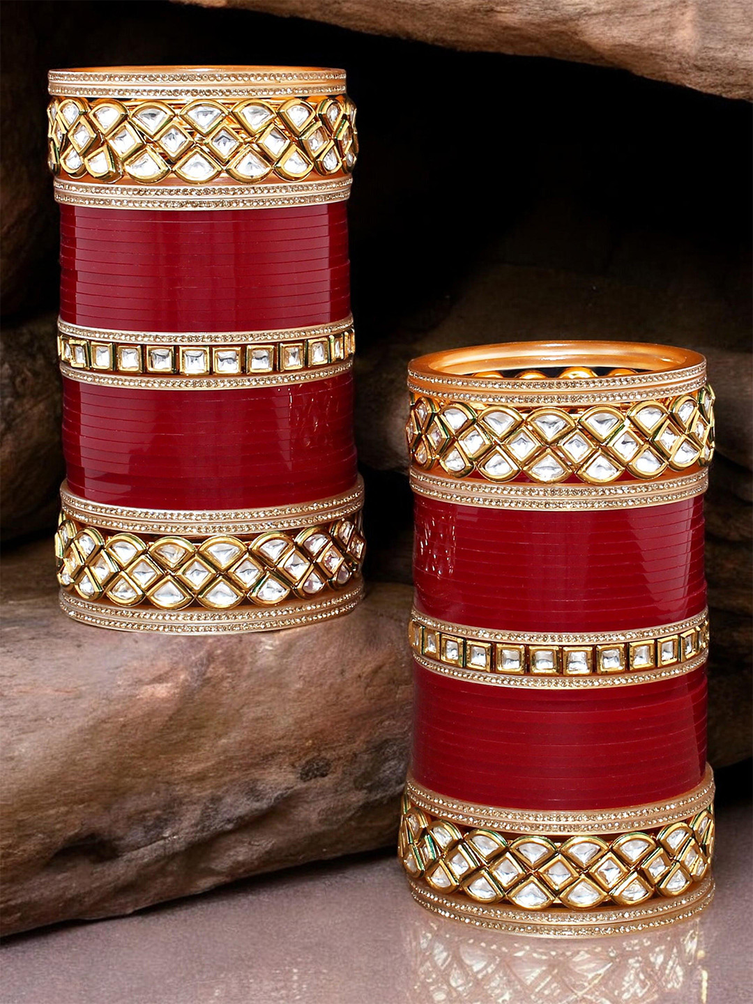 LUCKY JEWELLERY Gold-Toned & Maroon Kundan-Studded Chuda Bangle Set