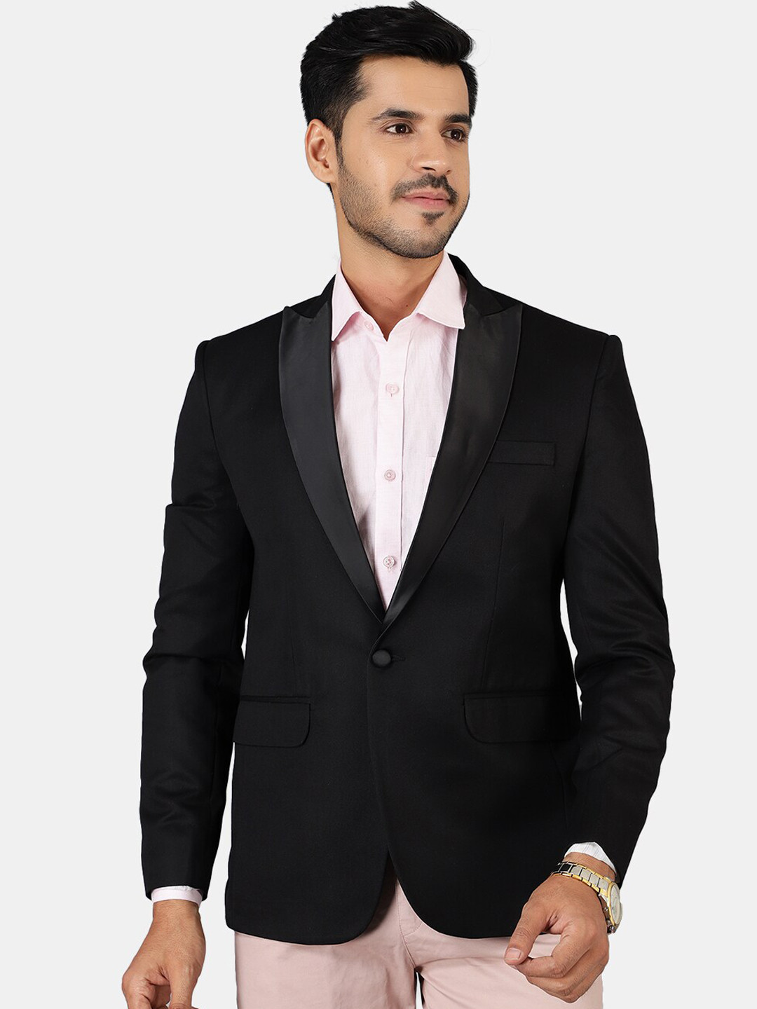 Wintage Men Black Solid Cotton Blazer