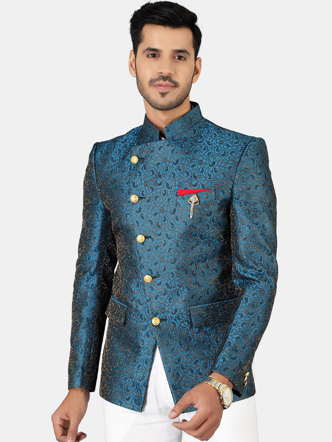 Wintage Men Teal Blue Self Design Bandhgala Blazer