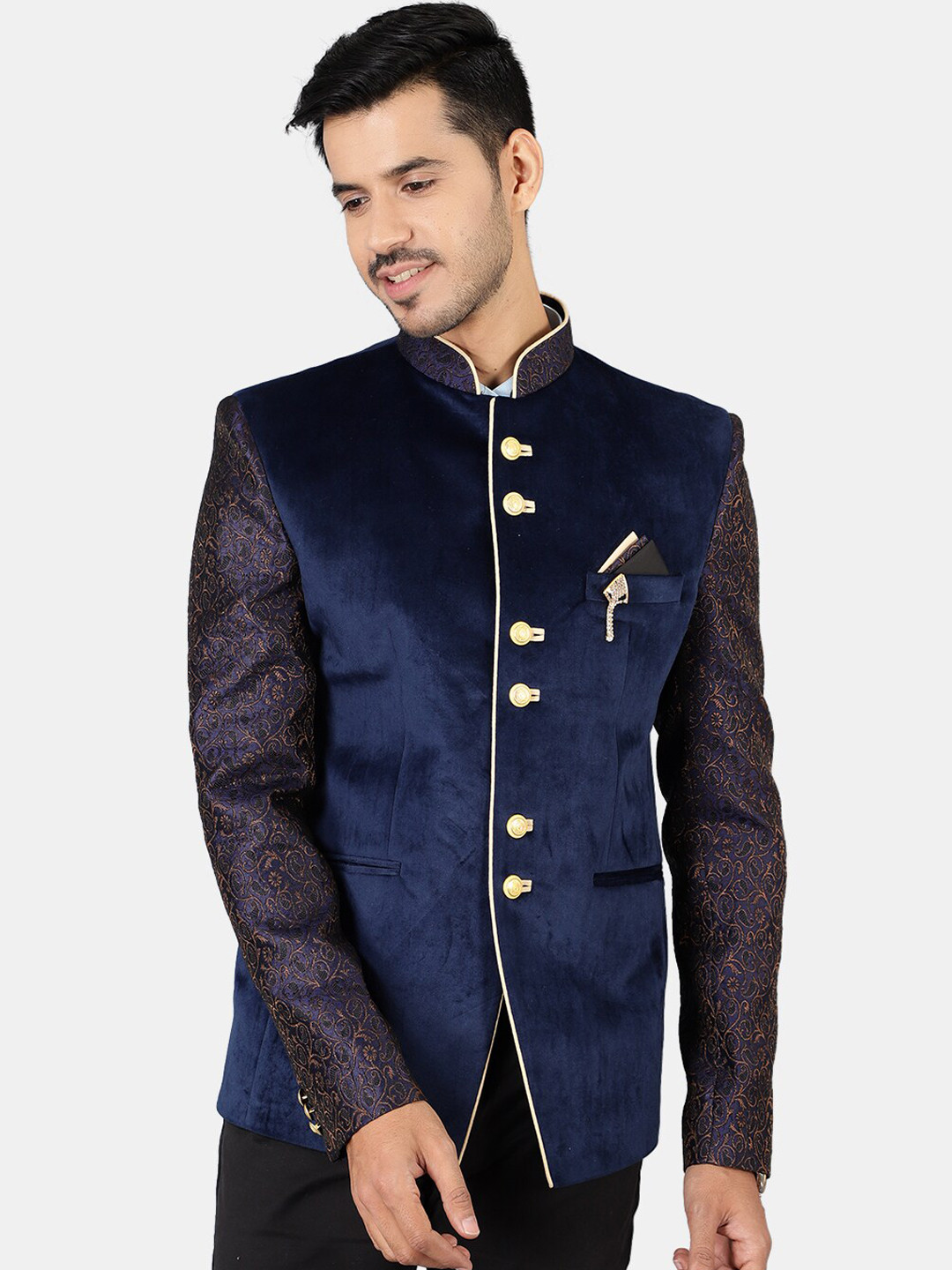 Wintage Men Navy Blue Regular Fit Bandhgala Blazers