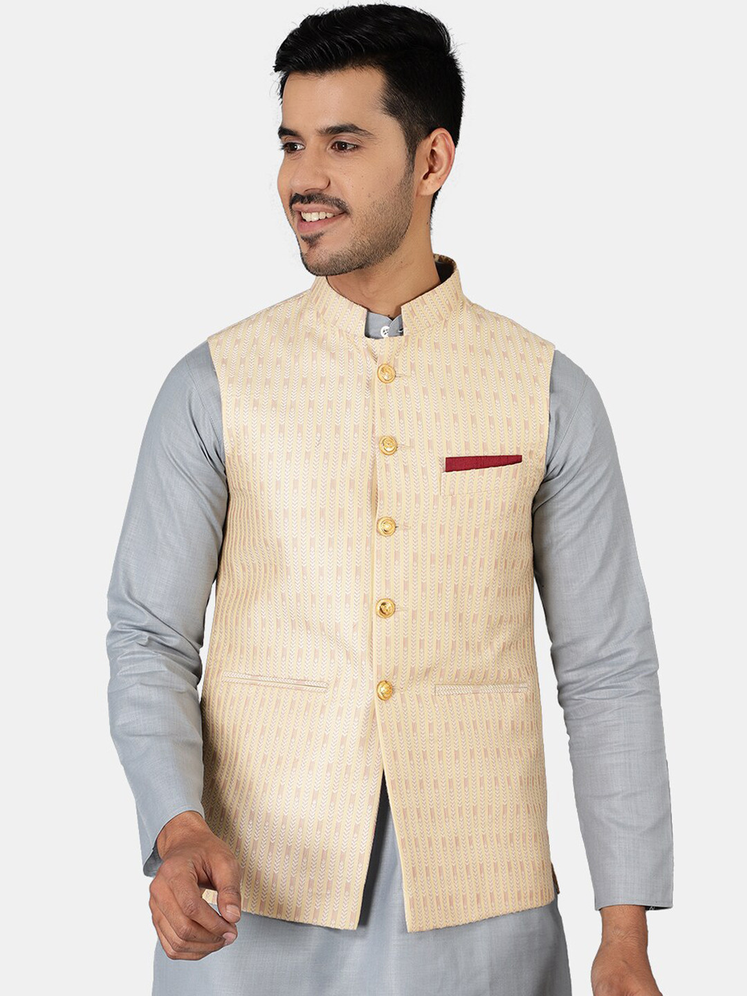 Wintage Men Beige Printed Nehru Jackets