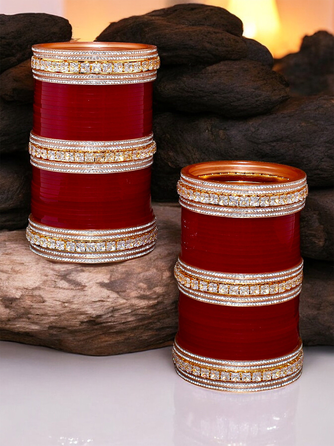 LUCKY JEWELLERY Maroon Stone-Studded Chuda Bangle Set
