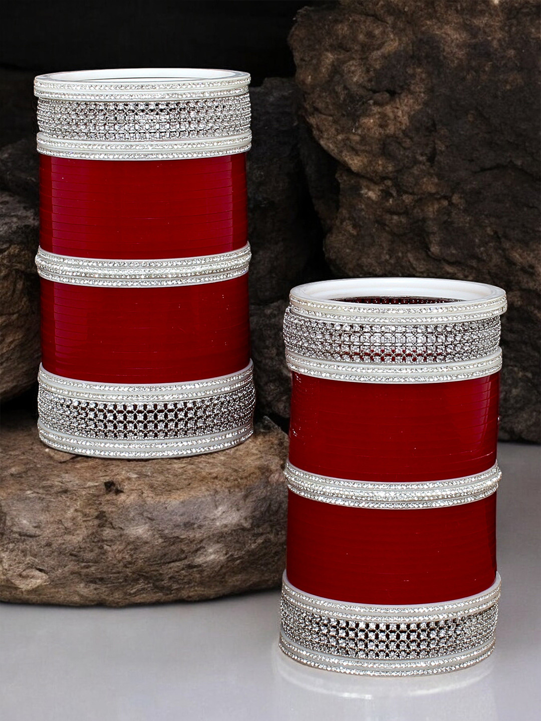 LUCKY JEWELLERY Maroon & Silver-Toned Stone Studded Chura Bangle Set