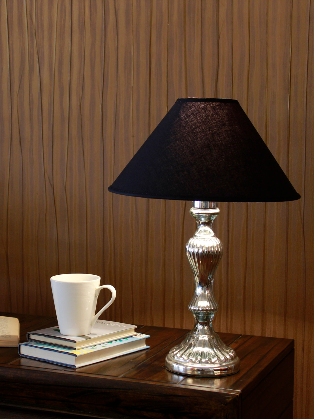 THE LIGHT STORE Black & Steel-Toned Textured Bedside Standard Table Lamp with Shade