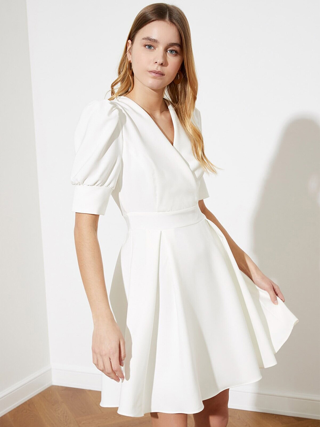 Trendyol Women Off White Solid Mini Wrap Dress