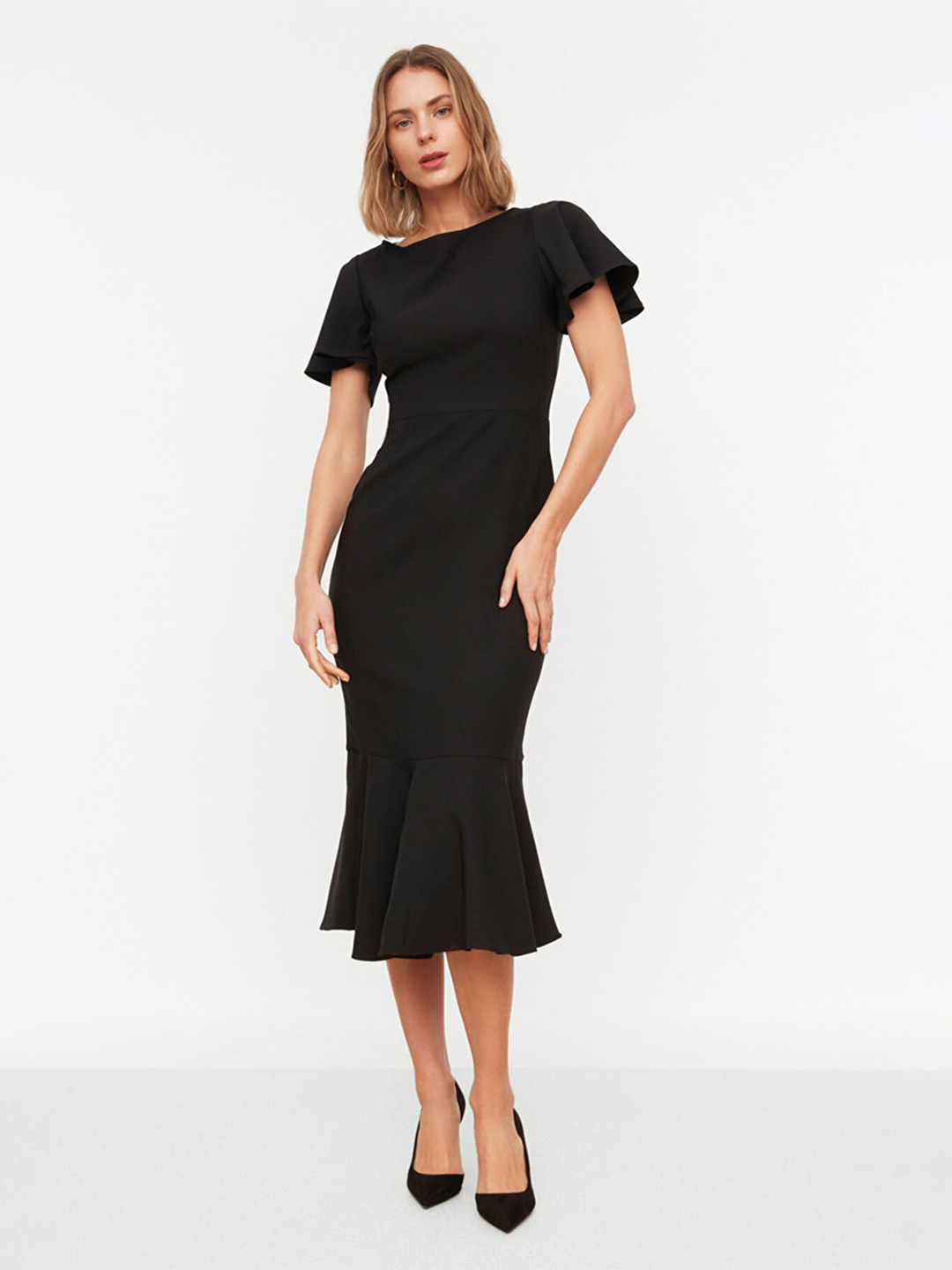Trendyol Black Flutter Sleeves Sheath Midi Dress