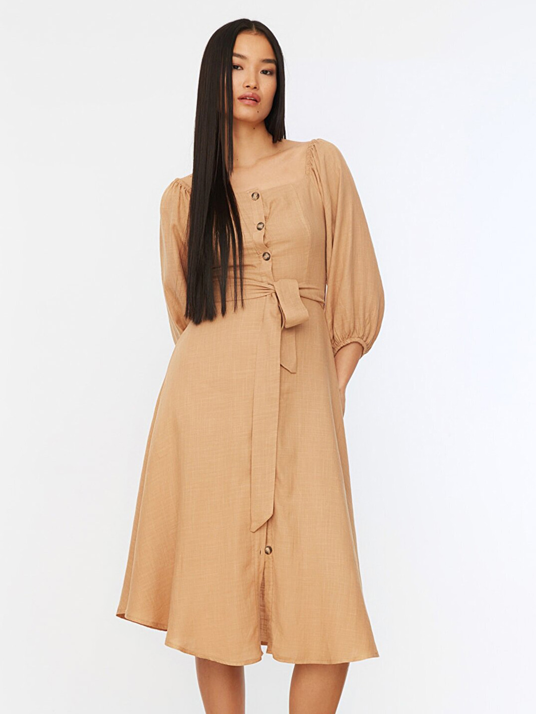 Trendyol Women's Camel Brown Shirt Midi Dress