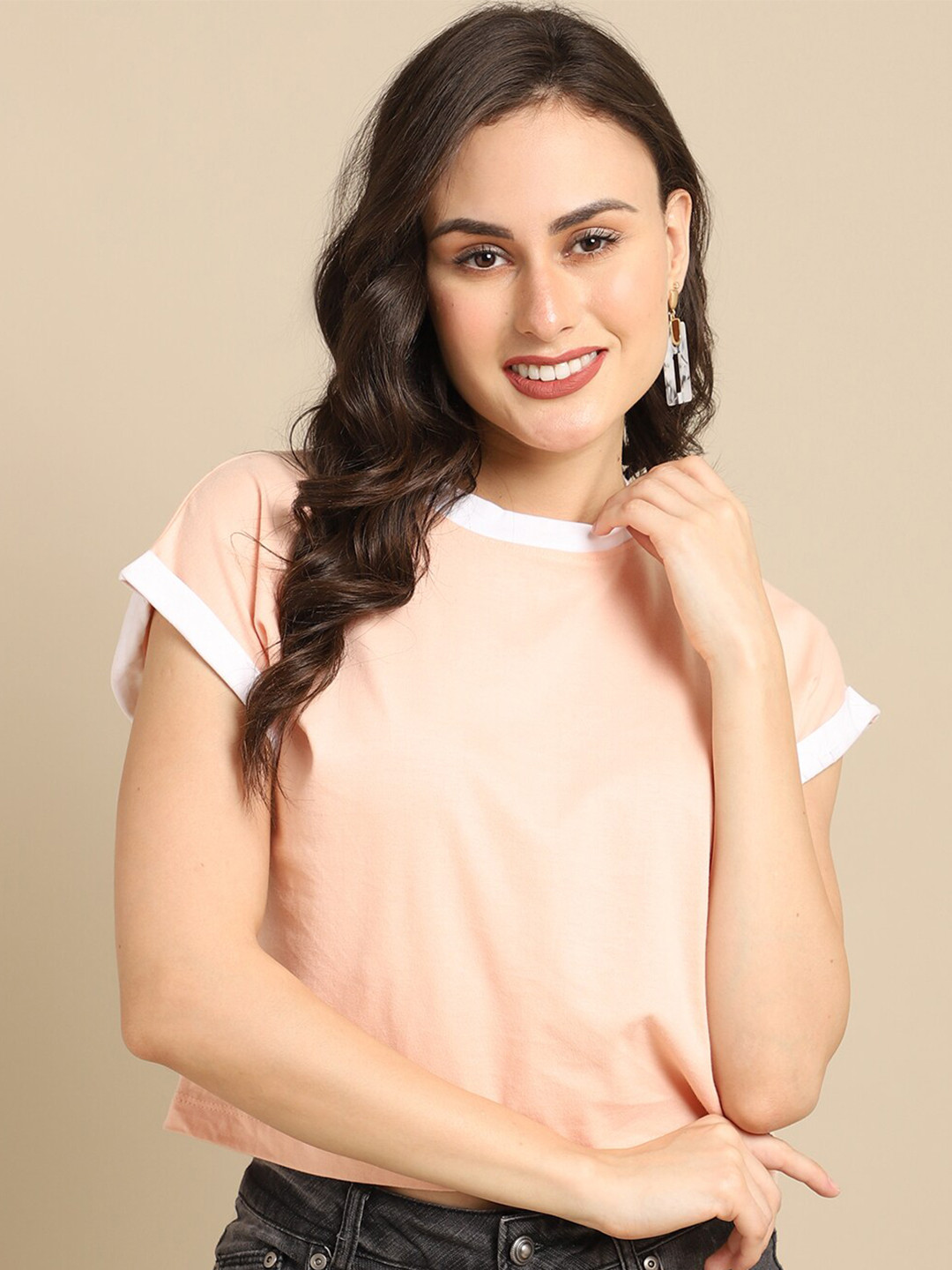 Friskers Women Peach Solid Round Neck Regular Fit T-shirt