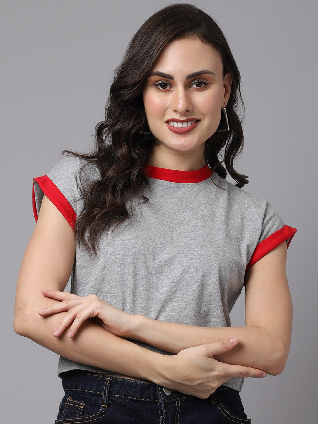 Friskers Women Grey and Red Boxy T-shirt