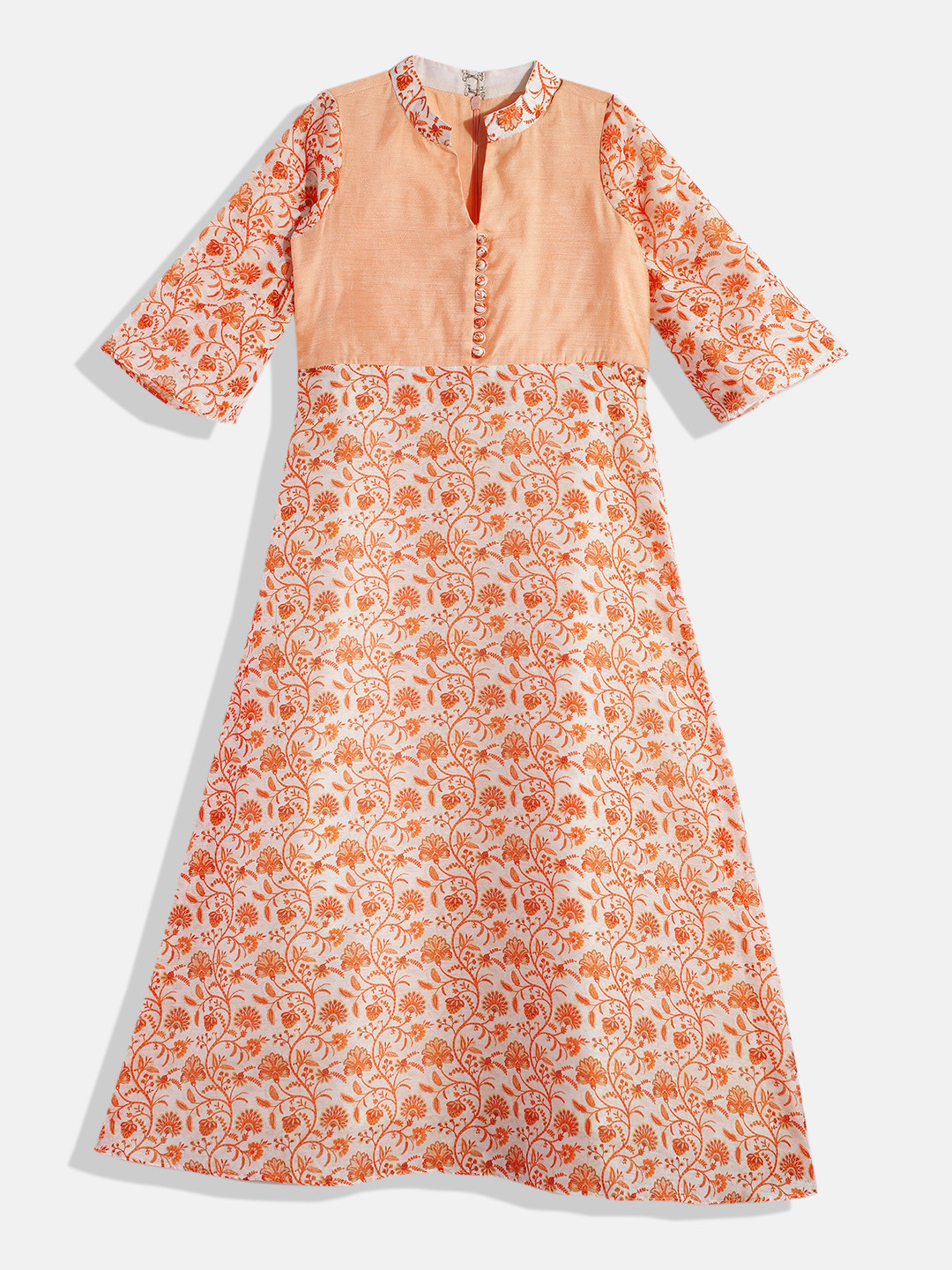 Ethnovog Orange  White Ethnic Motifs Printed Art Silk A-Line Maxi Dress