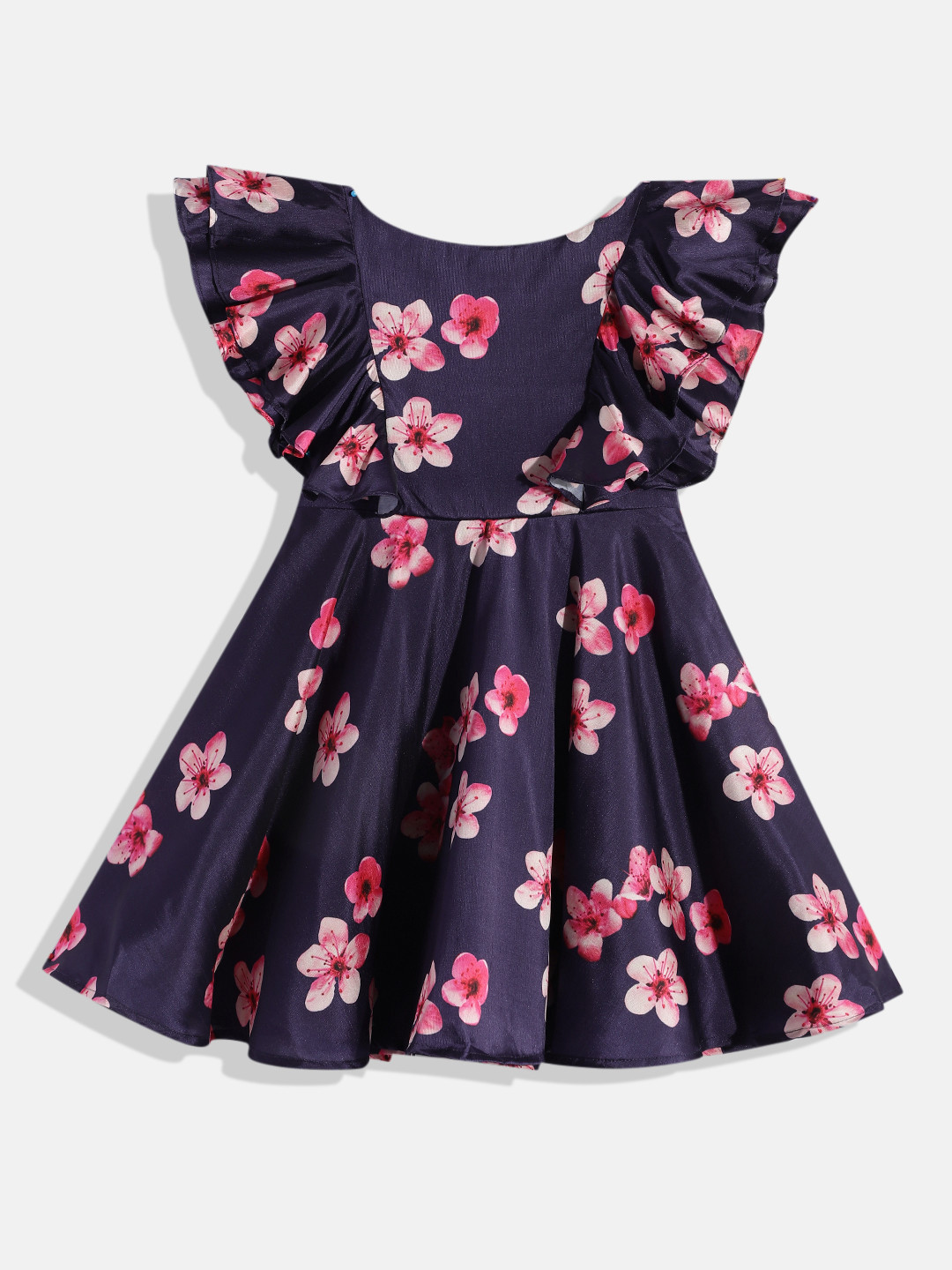 Ethnovog Girls Navy Blue  Pink Made To Measure Floral Printed Art Silk A-Line Dress