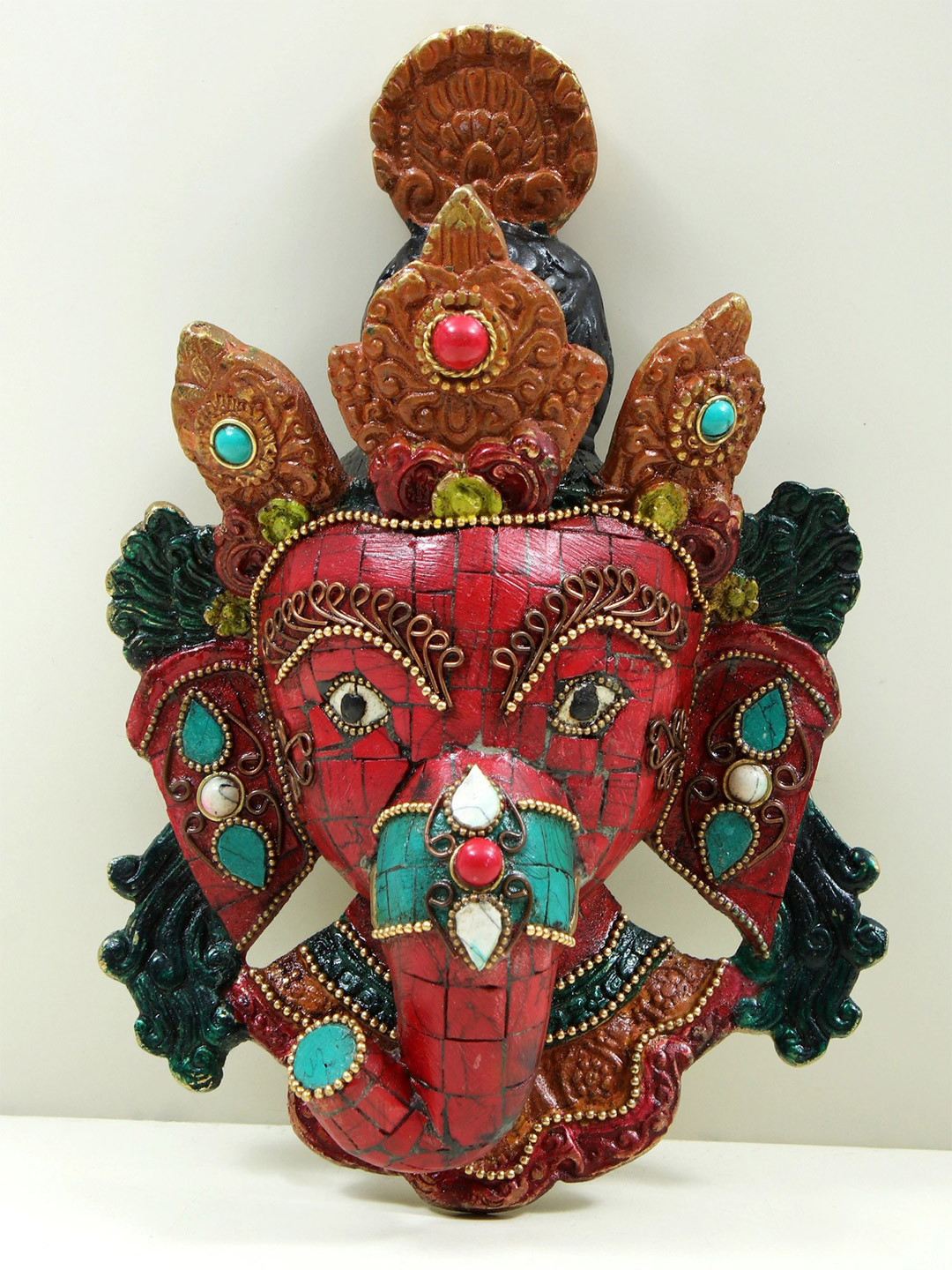 Exotic India Red & Teal Lord Ganesha Head with Inlay Work Wall Art