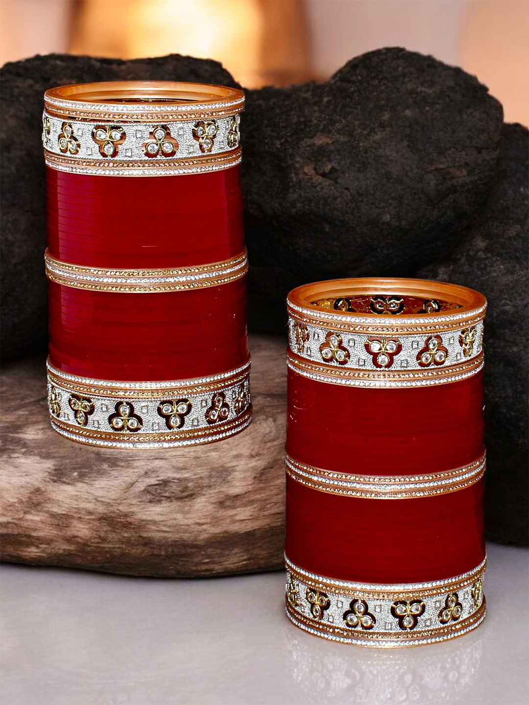 LUCKY JEWELLERY Gold-Plated Maroon Stone-Studded Chura Bangle Set