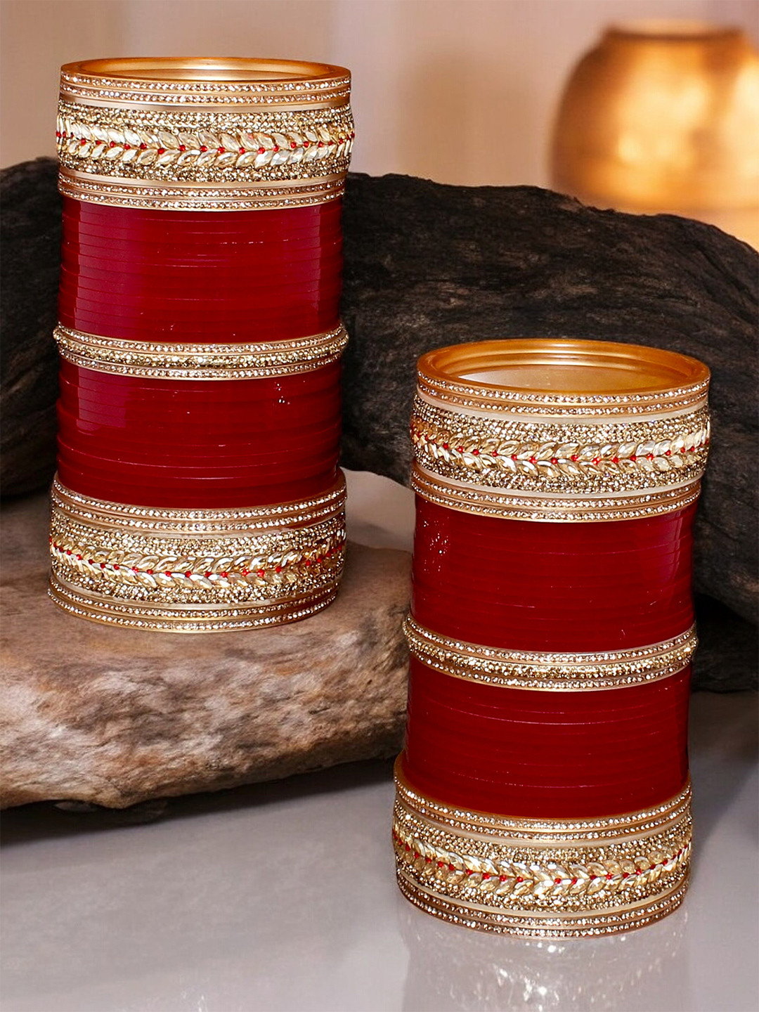 LUCKY JEWELLERY Maroon & White 2 Stone Studded Bangles