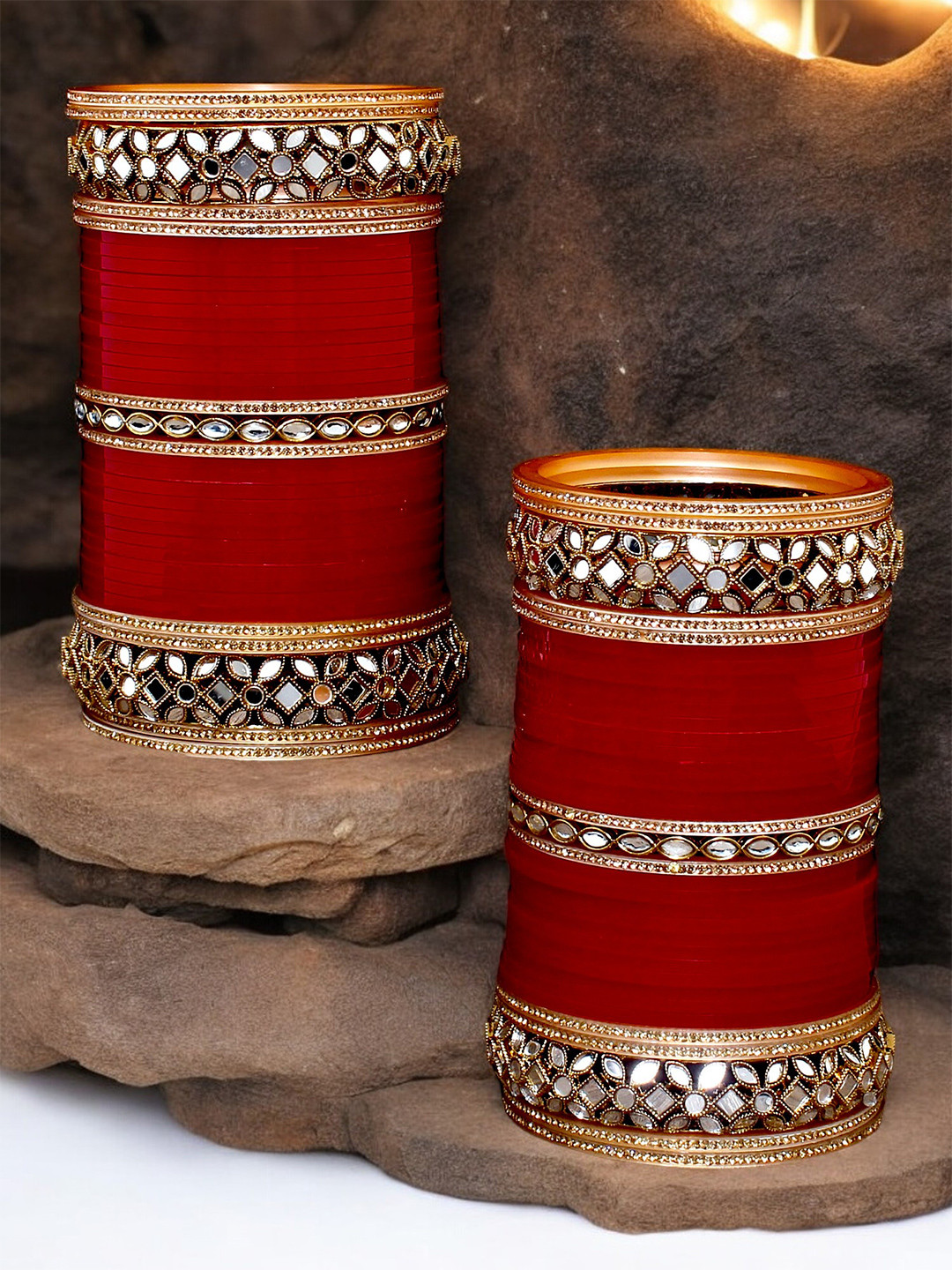 LUCKY JEWELLERY Gold-Toned & Maroon 2 Stone Gold-Plated Studded Bangles
