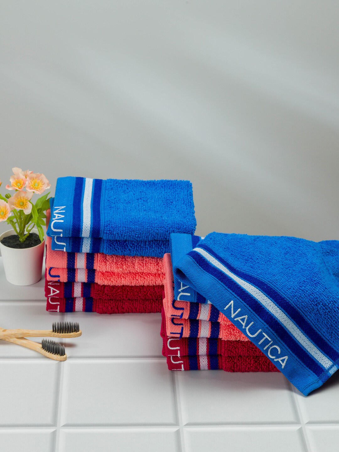 Nautica Set Of 12 Blue & Coral Solid Pure Cotton 500 GSM Face Towels