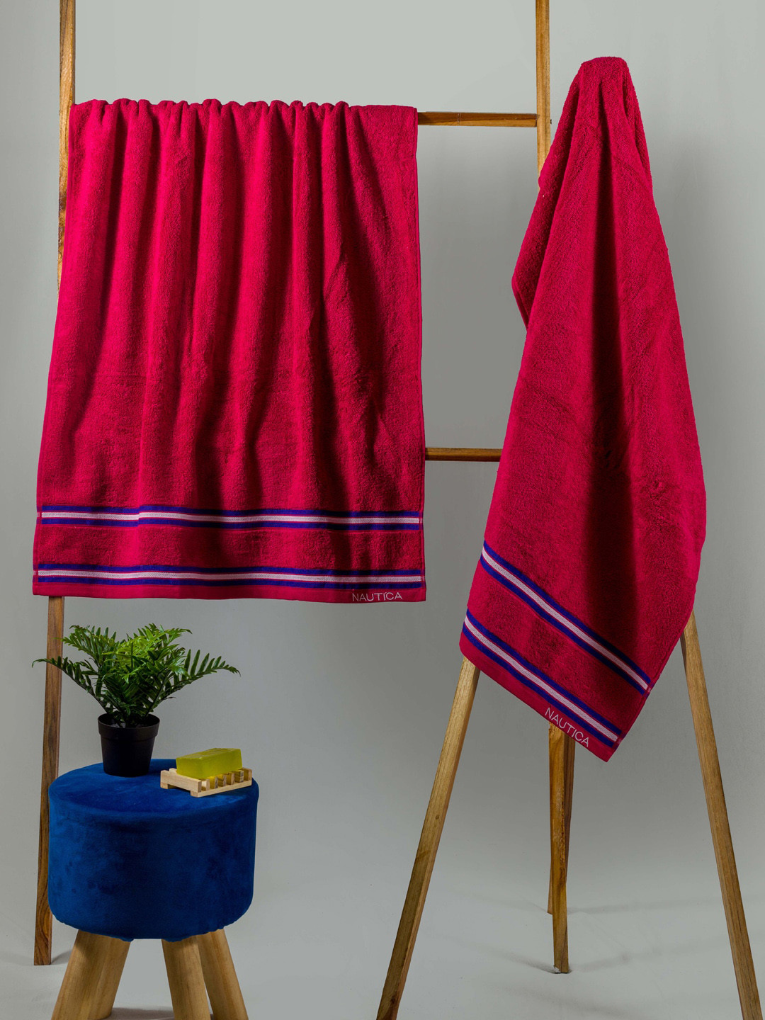 Nautica Set Of 2  Burgundy Striped 500 GSM Pure Cotton Bath Towels