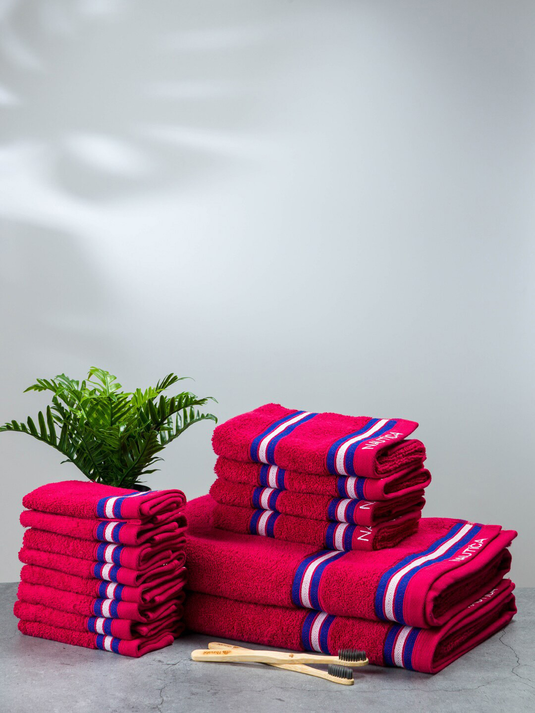 Nautica Set Of 14 Burgundy-Coloured Striped Pure Cotton 500 GSM Towel Set