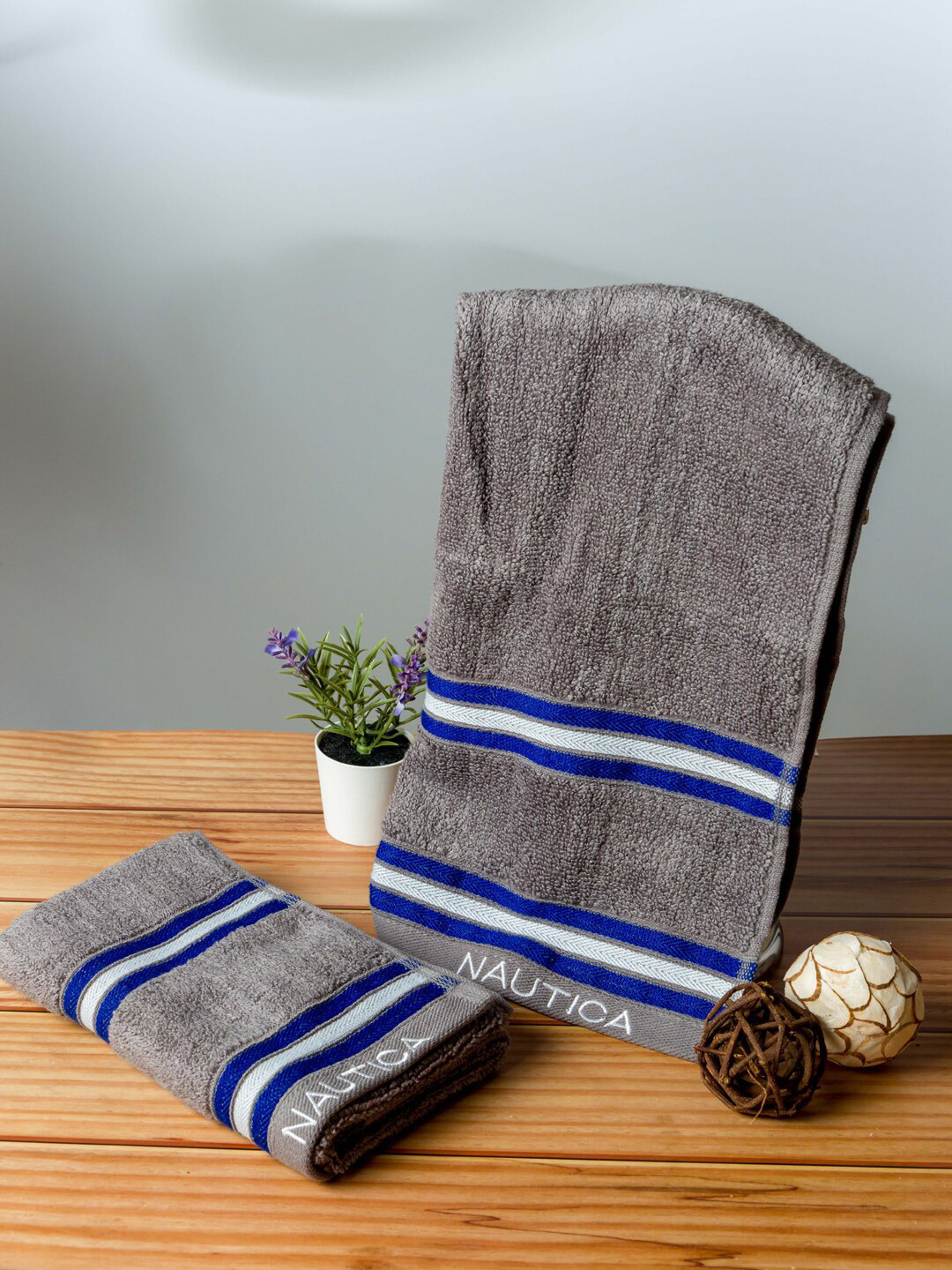 Nautica Set Of 2 Grey Striped Pure Cotton 500 GSM Hand Towels