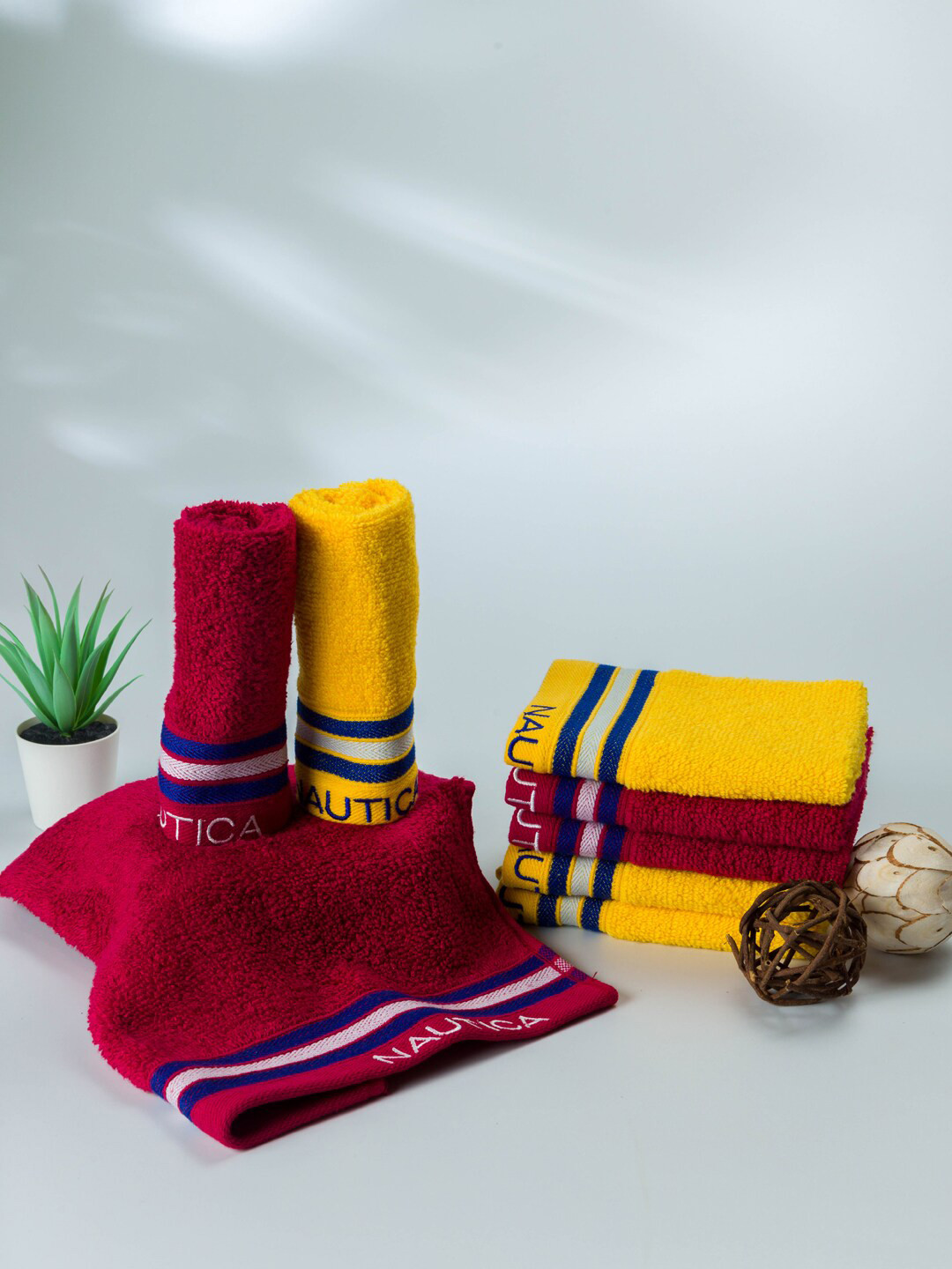Nautica Set Of 8 Yellow & Red Striped Pure Cotton 500 GSM Face Towels