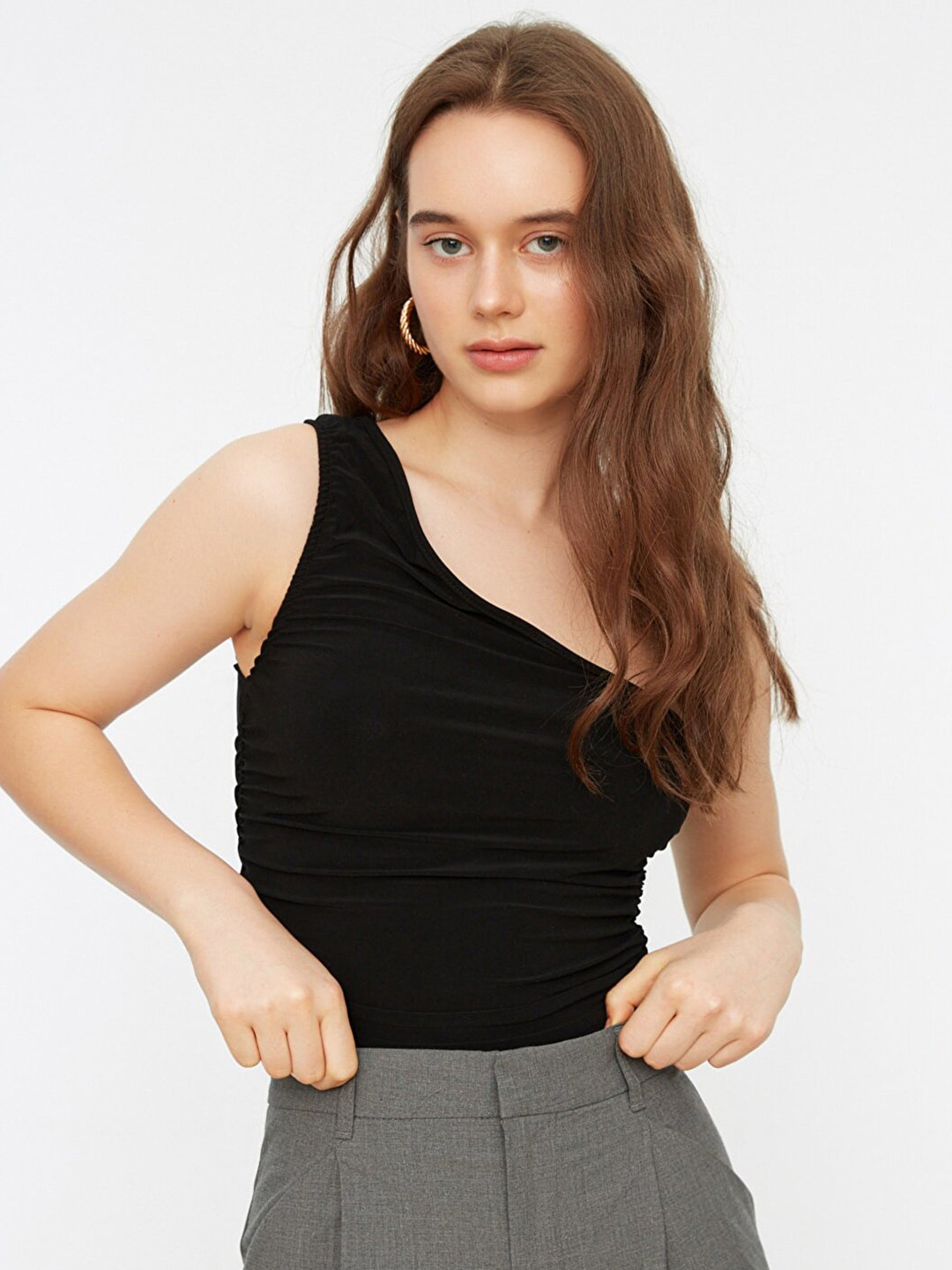 Trendyol Women Black Solid One Shoulder Top