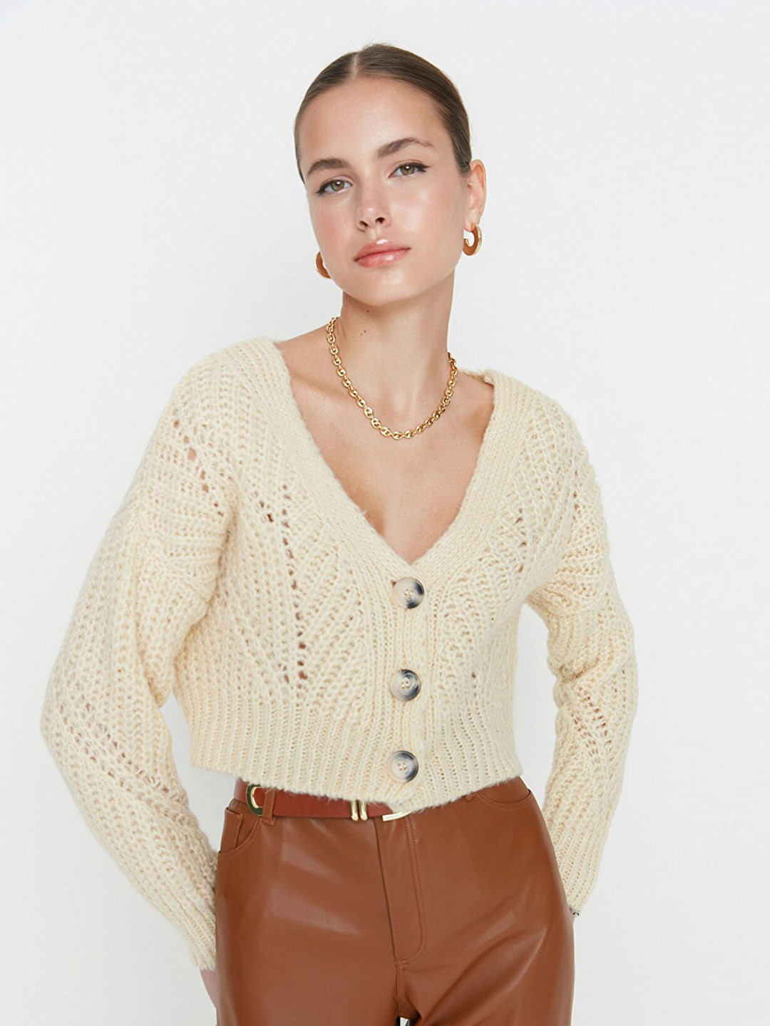 Trendyol Women Cream-Coloured Cable Knit Crop Cardigan