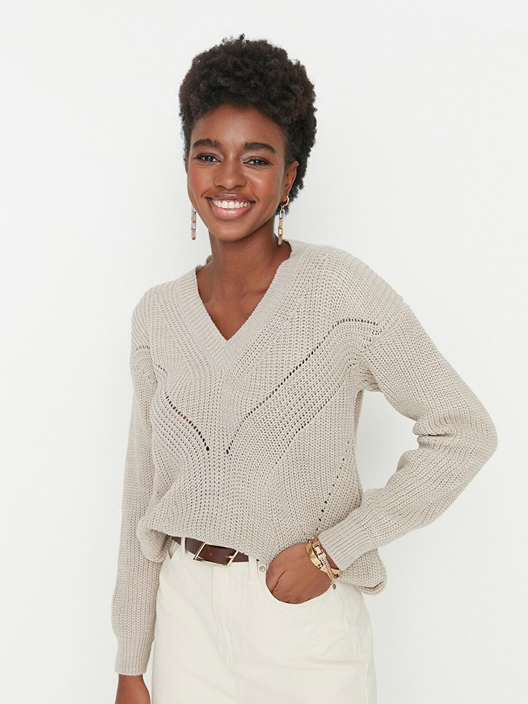 Trendyol Women Grey Cable Knit Sweater